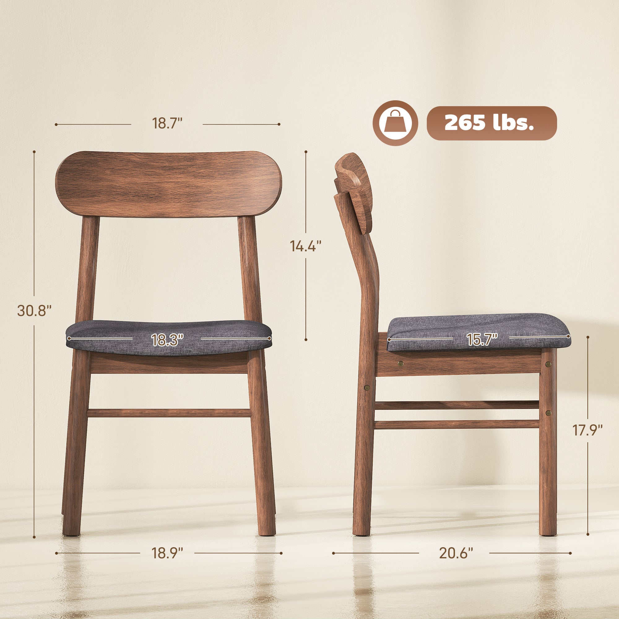 Mid-Century Modern Wooden Dining Chairs Set of 2, Upholstered Kitchen Chairs with Rubberwood Legs, Curved Backrest and Padded Seat for Dining Room, Gray