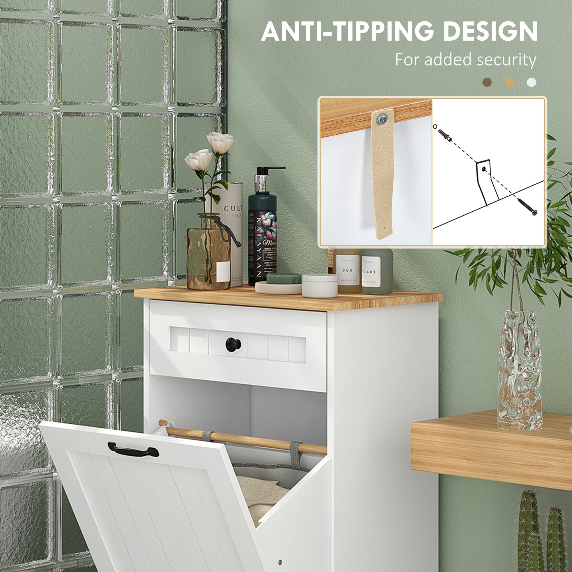 HOMCOM Tilt-Out Laundry Hamper, Laundry Cabinet with Removable Basket and Drawer, Bathroom Storage Cabinet, White