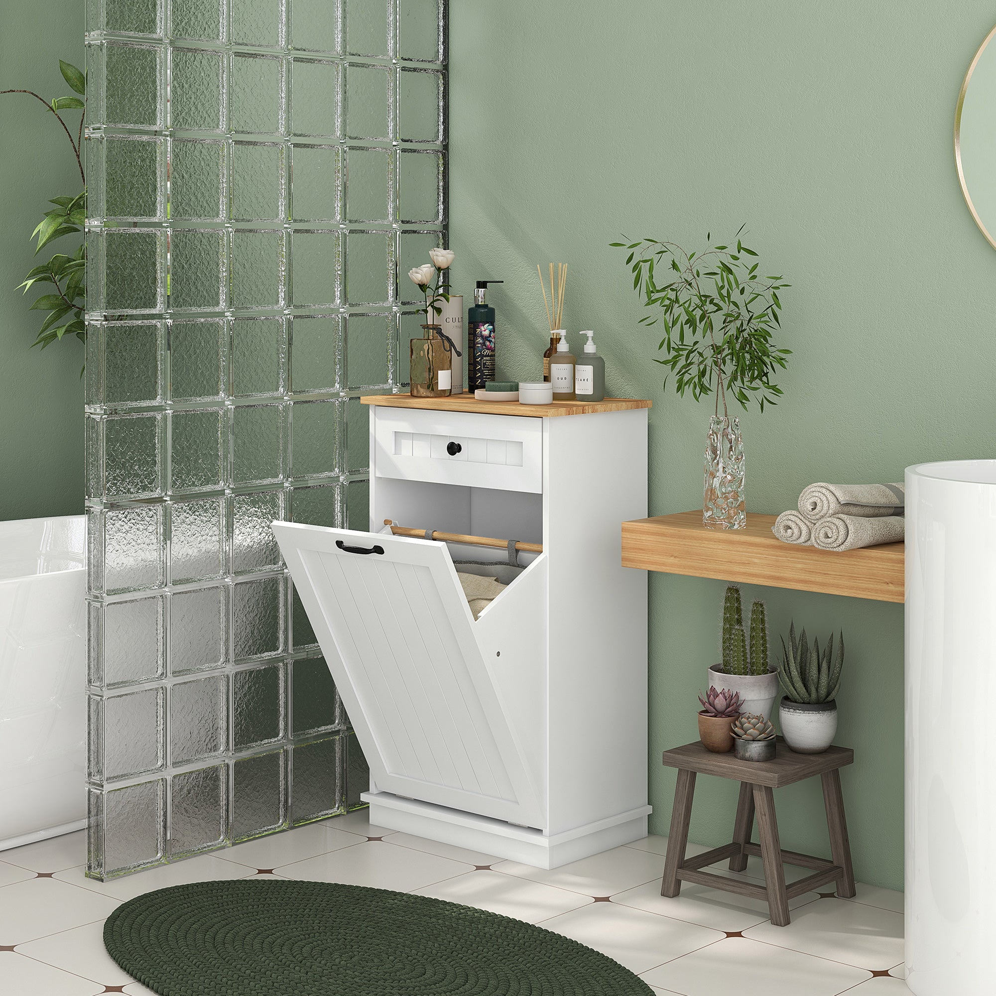 HOMCOM Tilt-Out Laundry Hamper, Laundry Cabinet with Removable Basket and Drawer, Bathroom Storage Cabinet, White