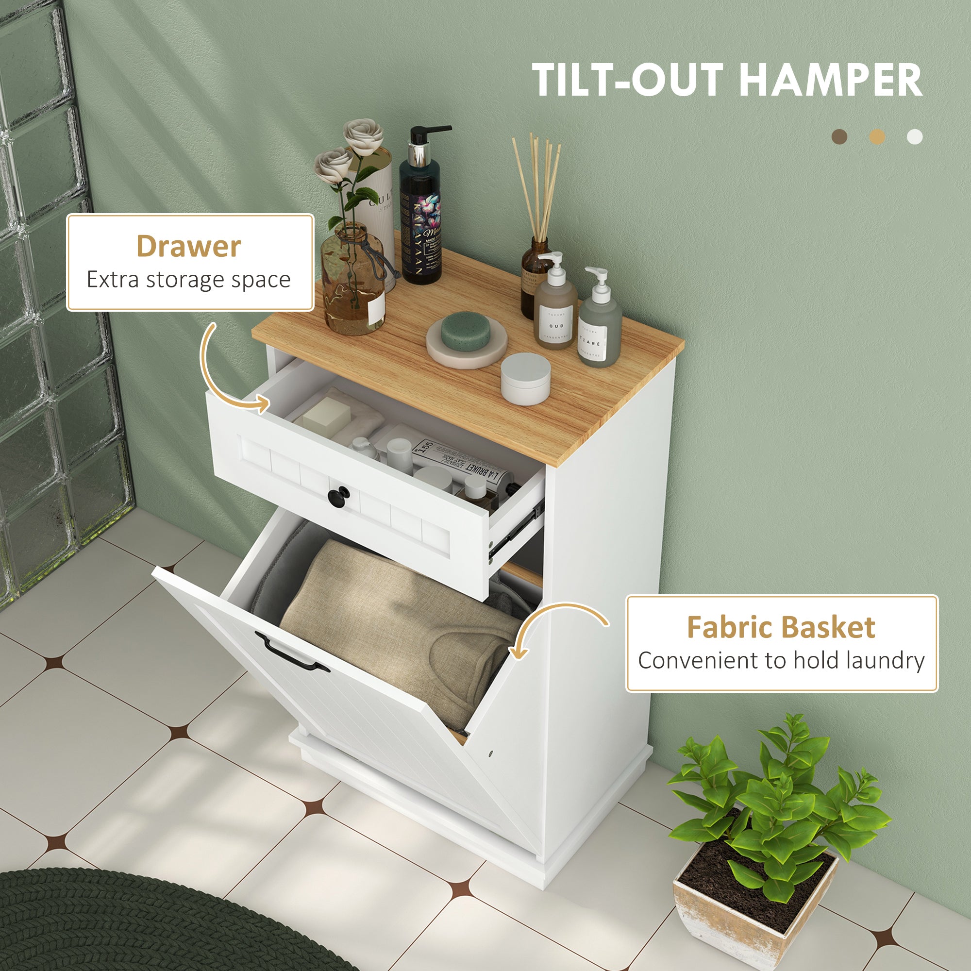 HOMCOM Tilt-Out Laundry Hamper, Laundry Cabinet with Removable Basket and Drawer, Bathroom Storage Cabinet, White