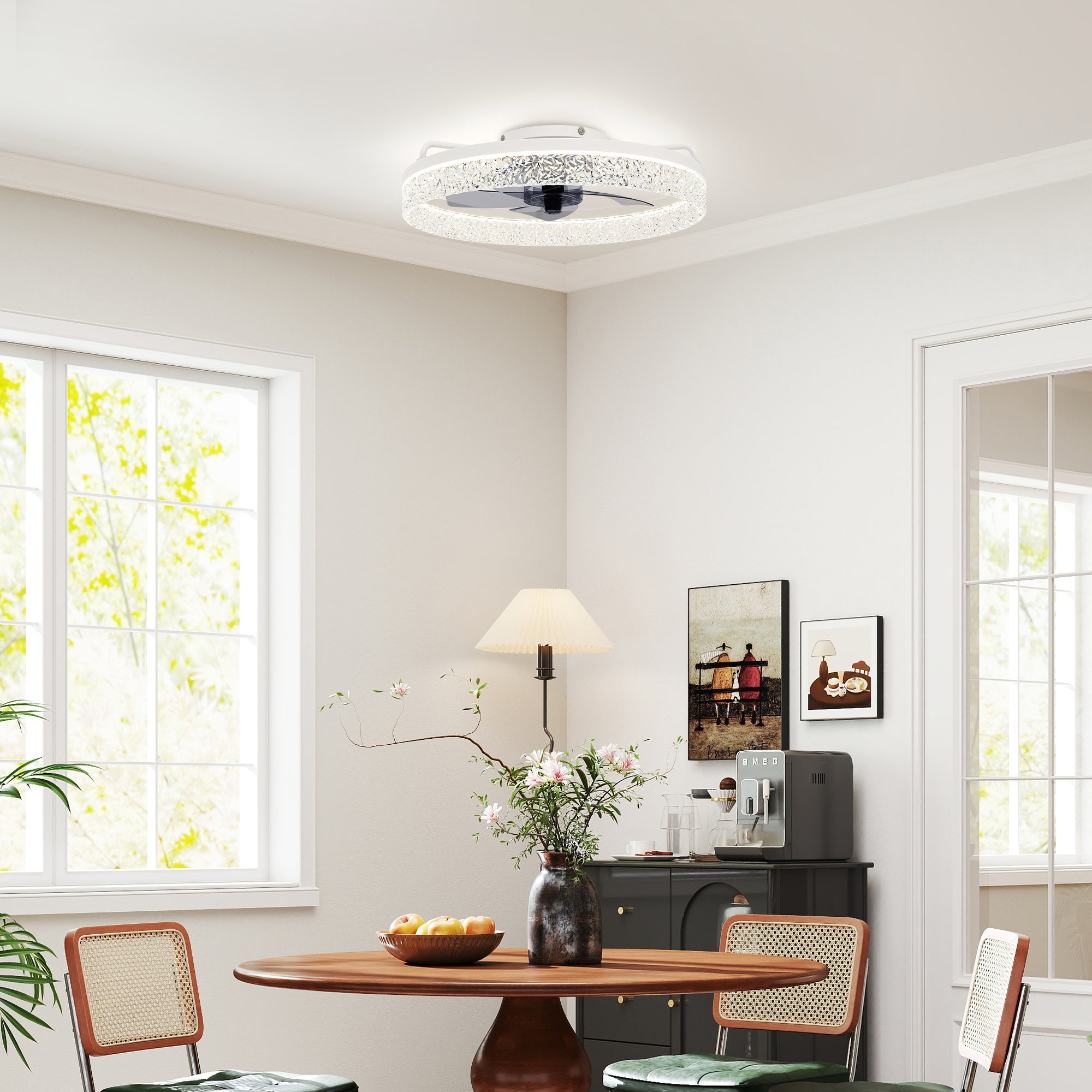 Ceiling Fans with Lights and Remote & App Control, 50 cm Modern LED Ceiling Fan Light with 3 Colour Temperatures, 6 Speed, Timer, Dimmable, Quiet Reversible DC Motor, for Bedroom, Study, White