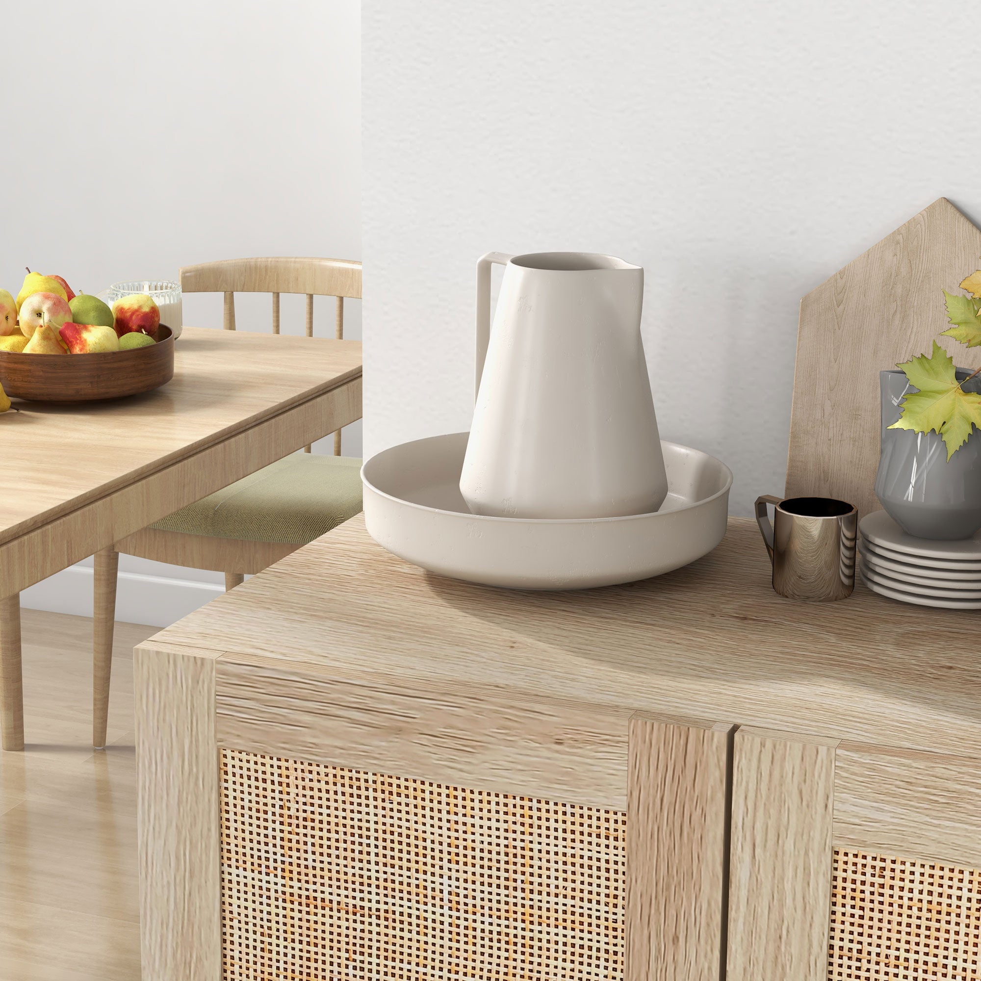 Boho Kitchen Cabinet Buffet Cabinet with 2 Rattan Doors and Adjustable Shelves Natural