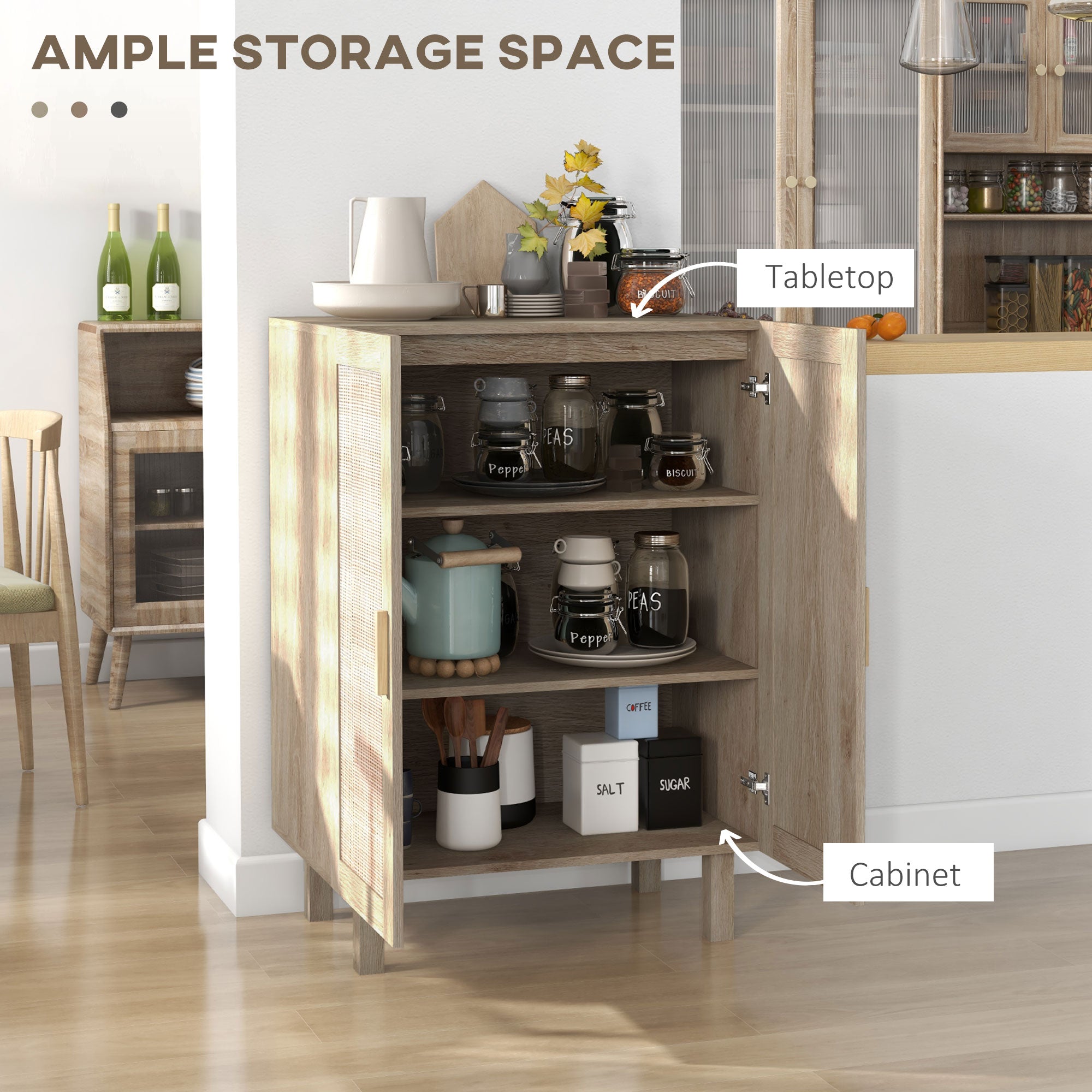 Boho Kitchen Cabinet Buffet Cabinet with 2 Rattan Doors and Adjustable Shelves Natural