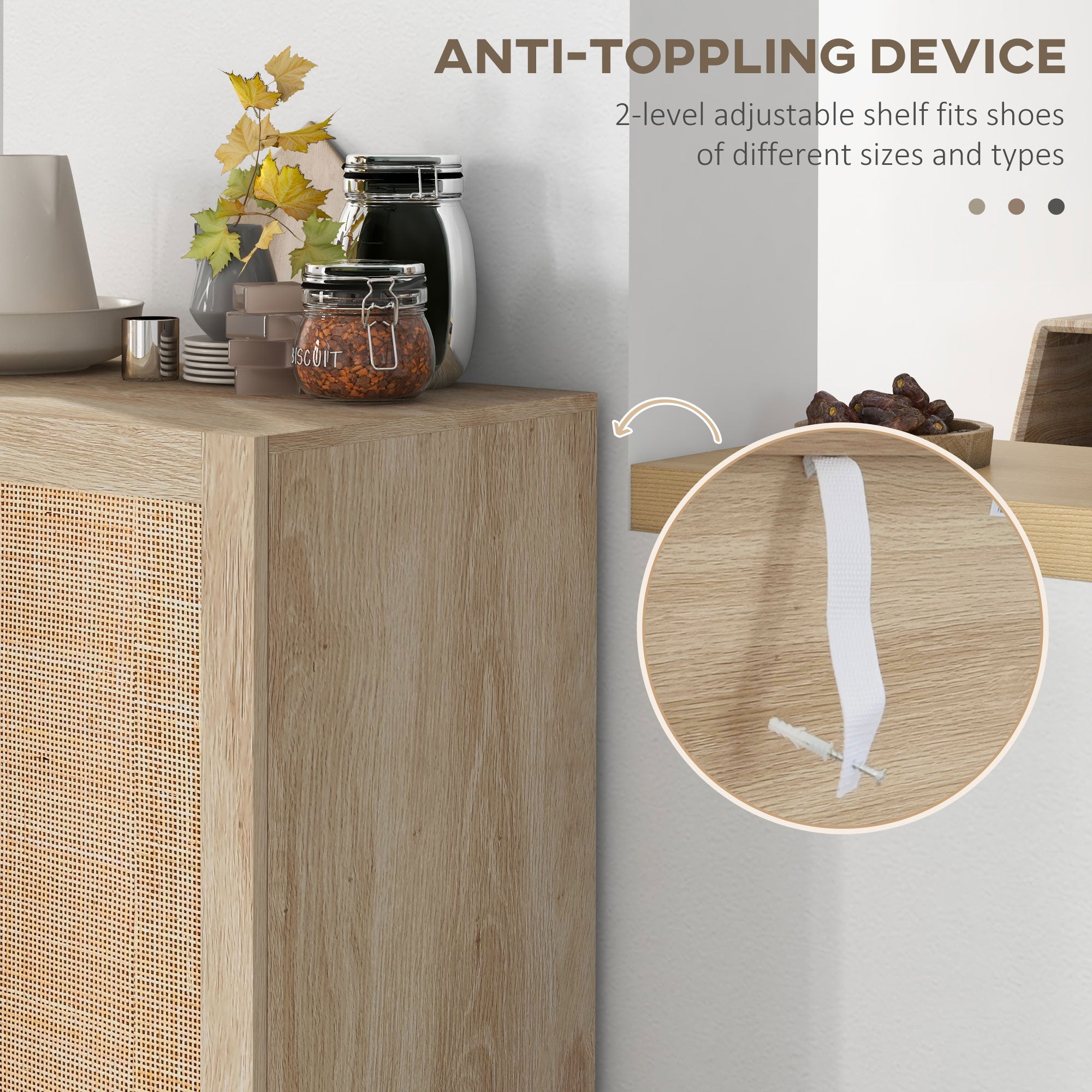 Boho Kitchen Cabinet Buffet Cabinet with 2 Rattan Doors and Adjustable Shelves Natural