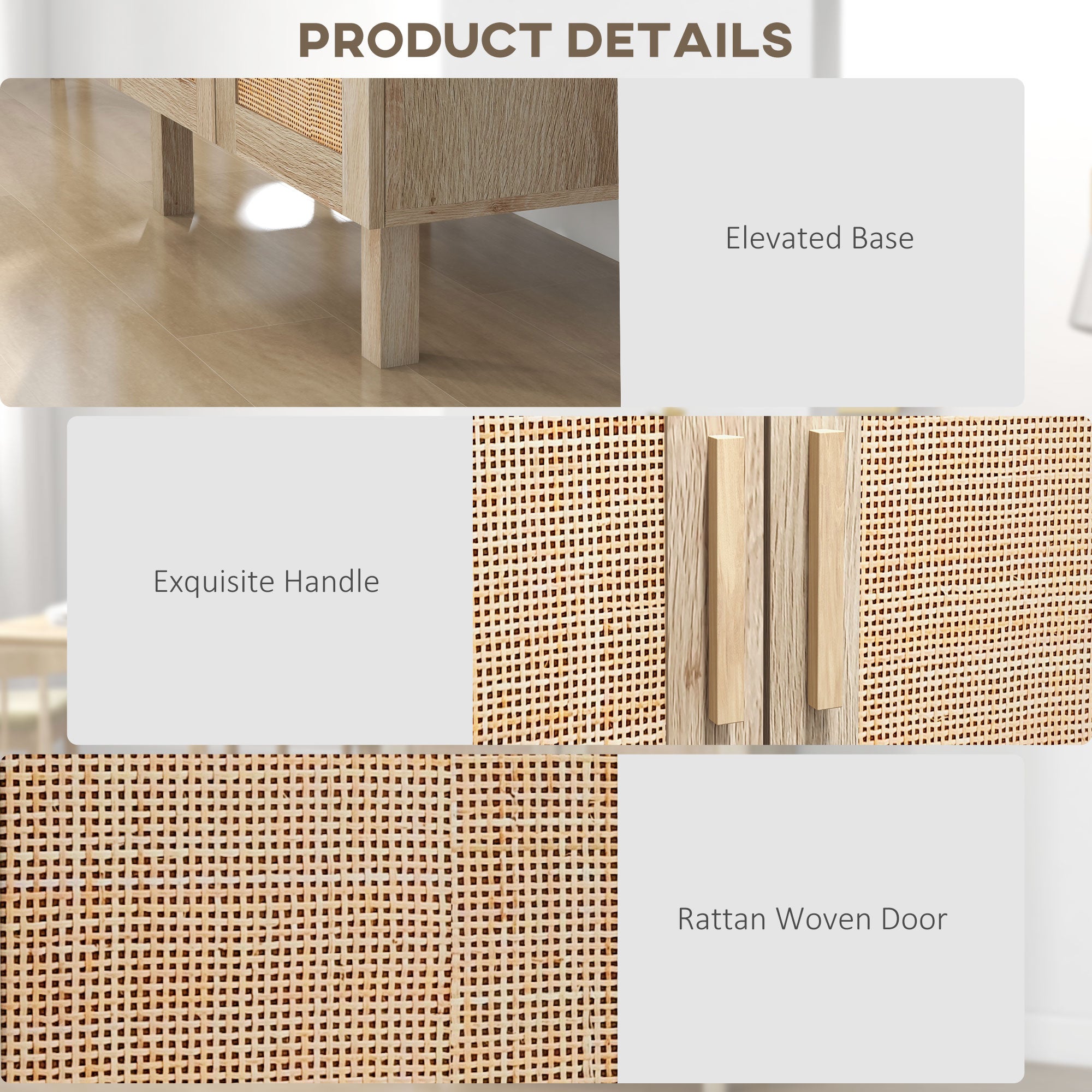 Boho Kitchen Cabinet Buffet Cabinet with 2 Rattan Doors and Adjustable Shelves Natural