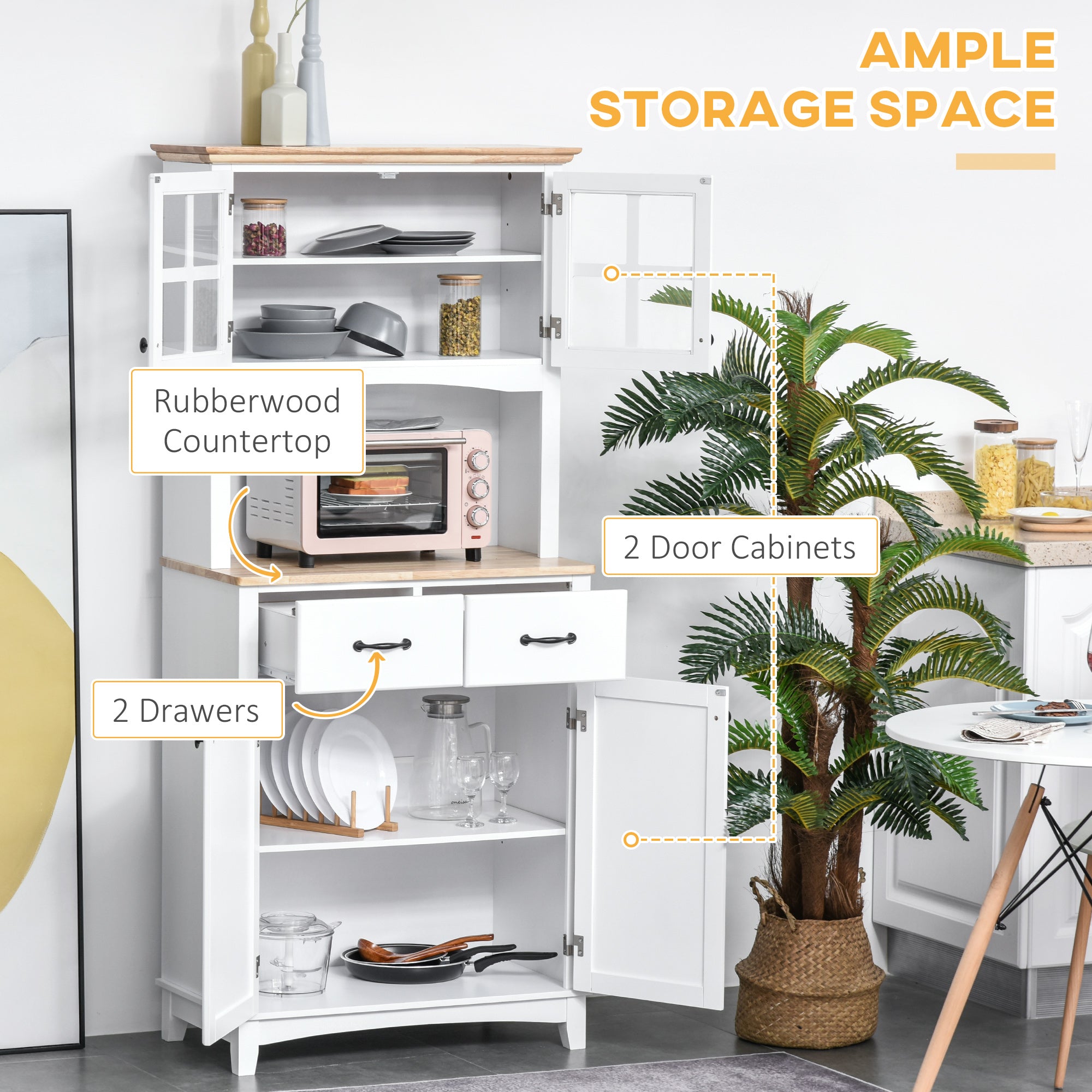 Freestanding Kitchen Cupboard, Kitchen Storage Cabinet with Framed Glass Doors, 2 Drawers, Microwave Counter, 172cm, White