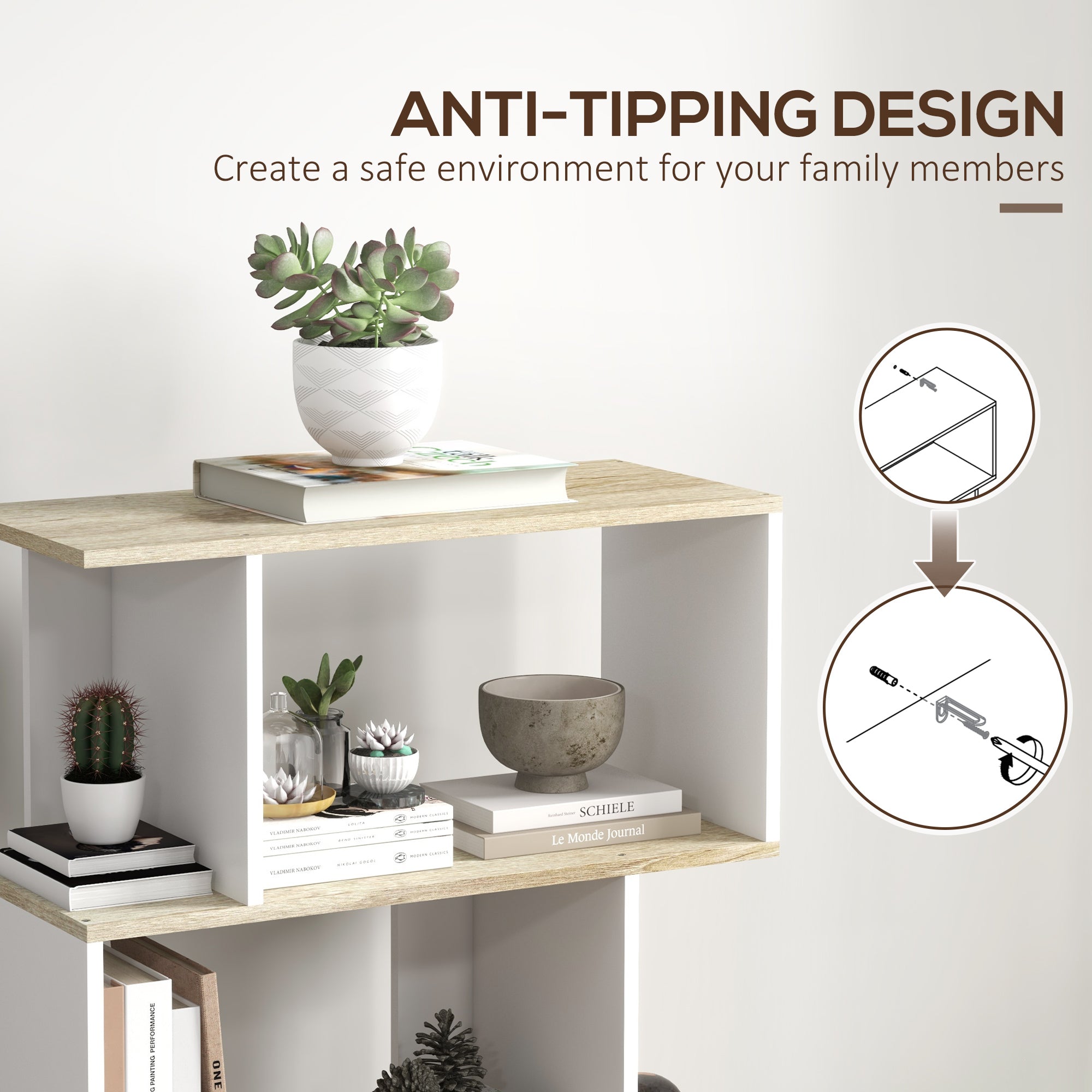 5-Tier Bookshelf, Geometric S Shaped Bookcase, Tall Narrow Display Shelf for for Living Room, Study Room, Home Office, White