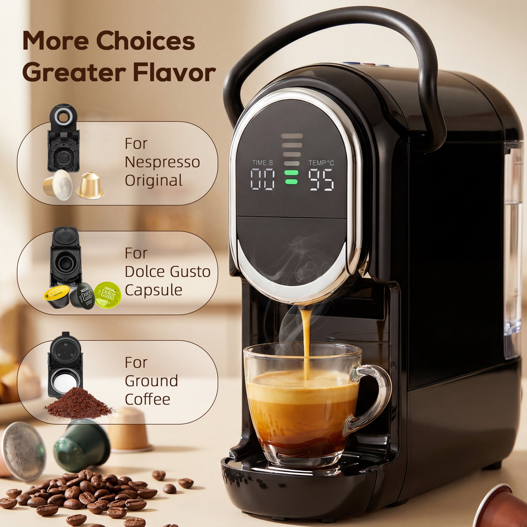 Pod Coffee Machine for Nespresso Original, Dolce Gusto Capsule and Ground Coffee, Small Semi Automatic Coffee Maker with 19 Bar Pump and 0.6L Water Tank for Home Office, Black