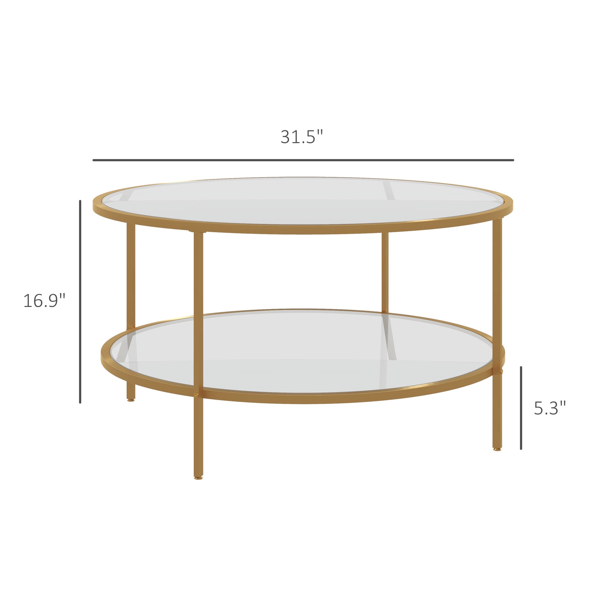 32" Round End Table w/ Storage, 2-Tier Tempered Glass Coffee Table w/ Steel Frame, Gold