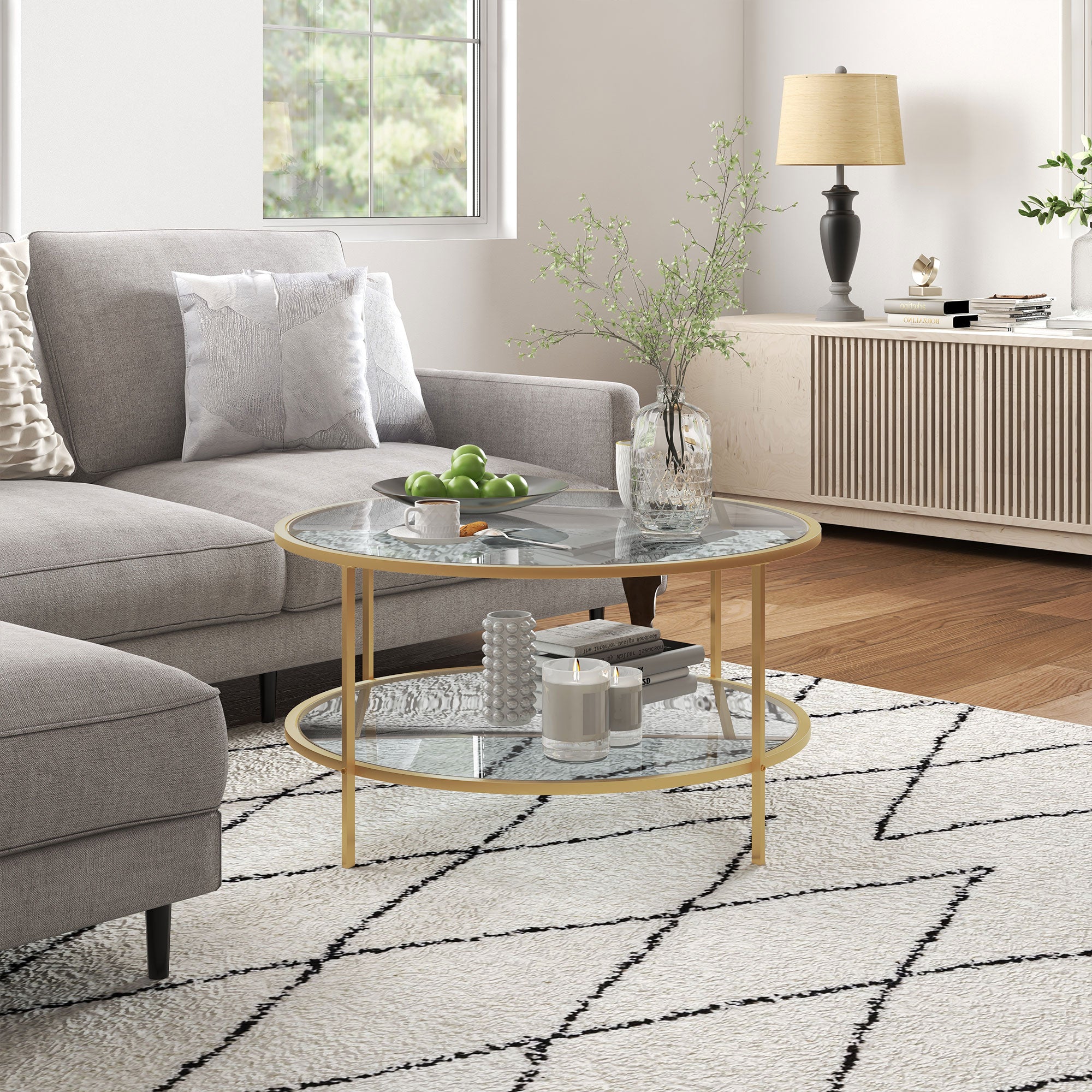 32" Round End Table w/ Storage, 2-Tier Tempered Glass Coffee Table w/ Steel Frame, Gold