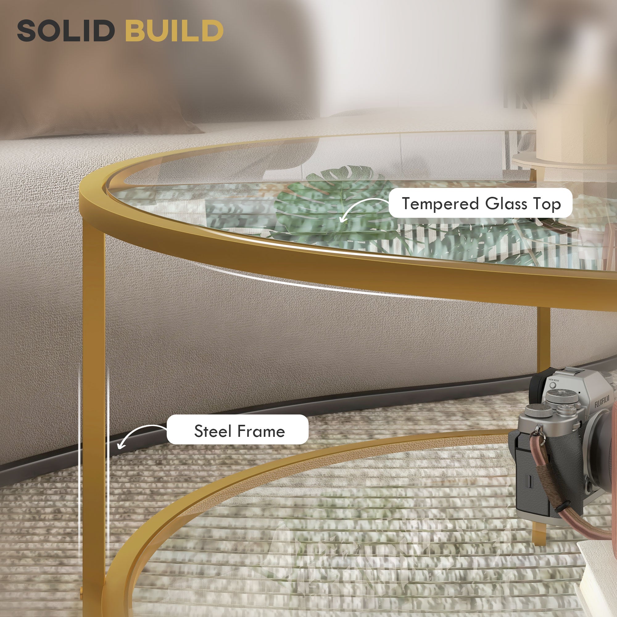 32" Round End Table w/ Storage, 2-Tier Tempered Glass Coffee Table w/ Steel Frame, Gold