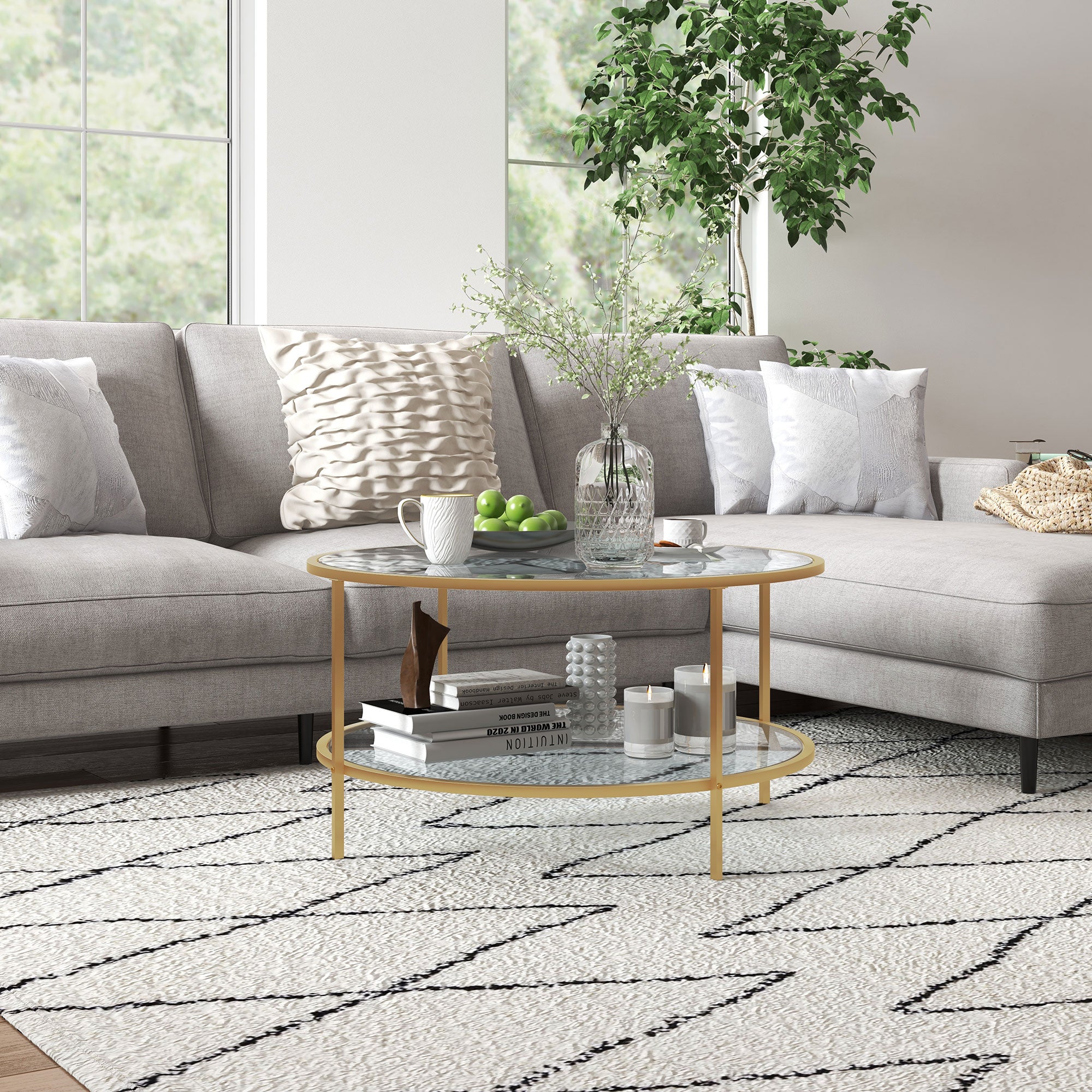 32" Round End Table w/ Storage, 2-Tier Tempered Glass Coffee Table w/ Steel Frame, Gold