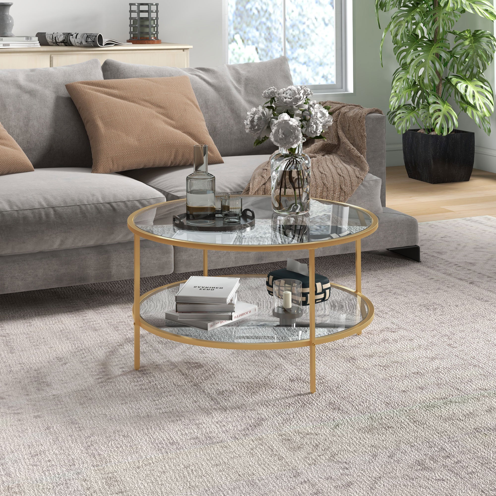 32" Round End Table w/ Storage, 2-Tier Tempered Glass Coffee Table w/ Steel Frame, Gold