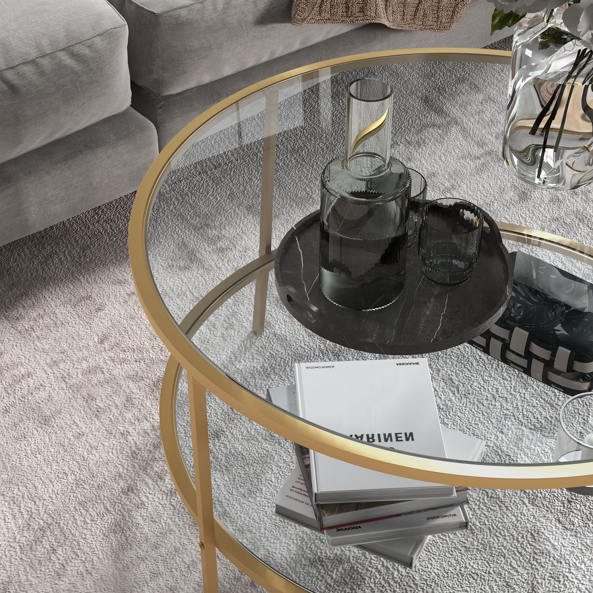 32" Round End Table w/ Storage, 2-Tier Tempered Glass Coffee Table w/ Steel Frame, Gold