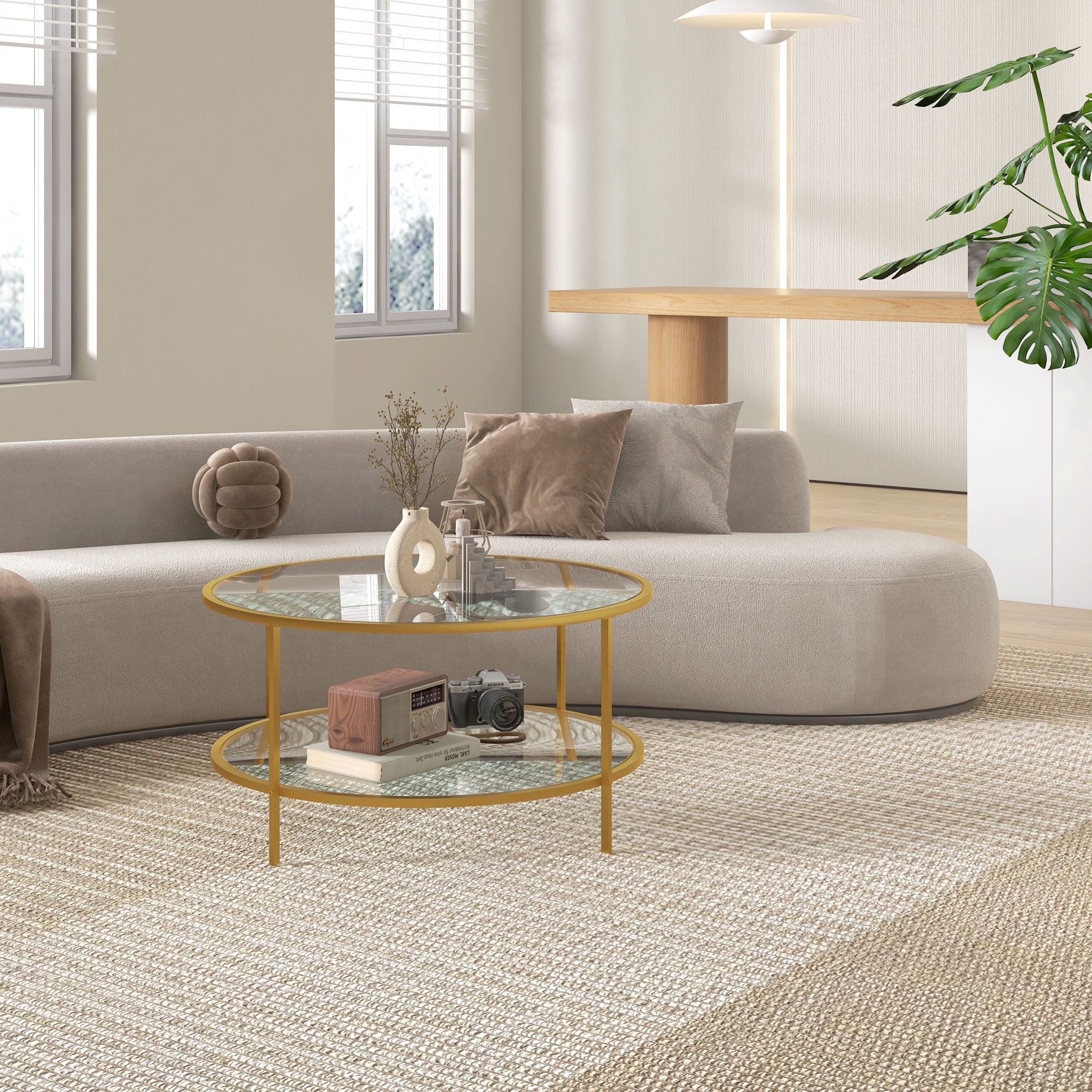 32" Round End Table w/ Storage, 2-Tier Tempered Glass Coffee Table w/ Steel Frame, Gold
