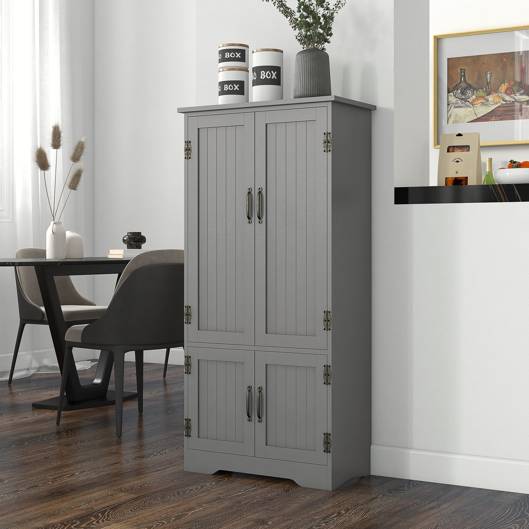 Accent Floor Storage Cabinet Kitchen Pantry with Adjustable Shelves and 2 Lower Doors Gray