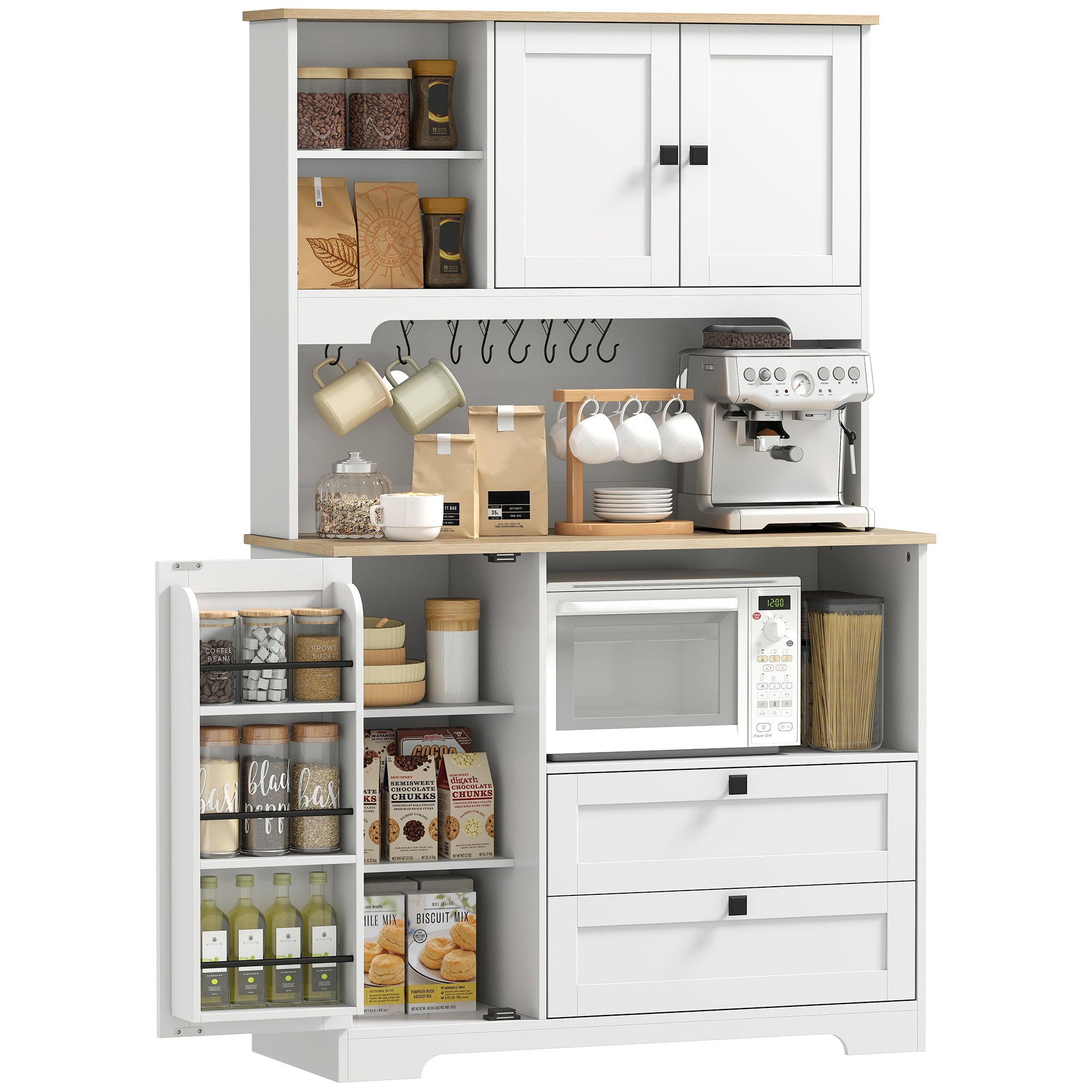 Kitchen Cupboard, Freestanding Kitchen Cabinet with 2 Cabinets, 2 Drawers, Open and Adjustable Shelves, Microwave Stand, Pantry Storage Cupboard for Dining Room and Living Room, White