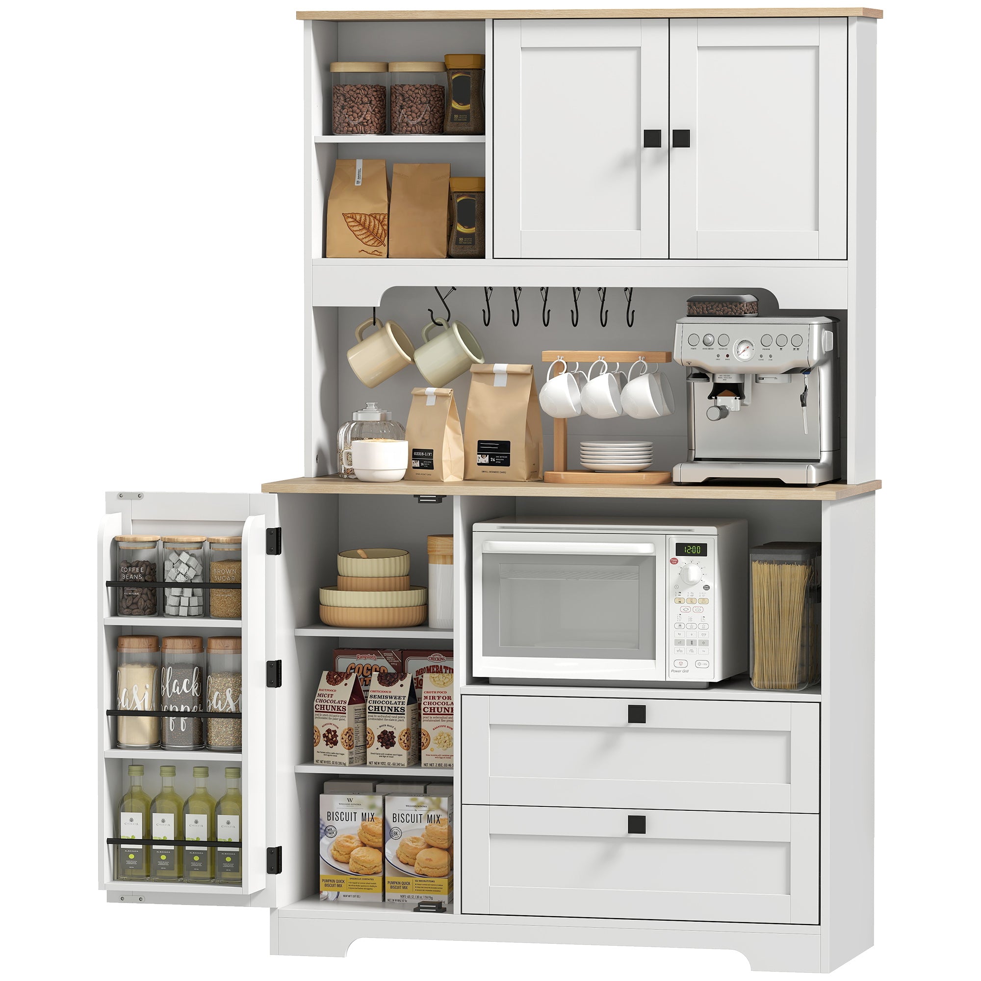 Kitchen Cupboard, Freestanding Kitchen Cabinet with 2 Cabinets, 2 Drawers, Open and Adjustable Shelves, Microwave Stand, Pantry Storage Cupboard for Dining Room and Living Room, White