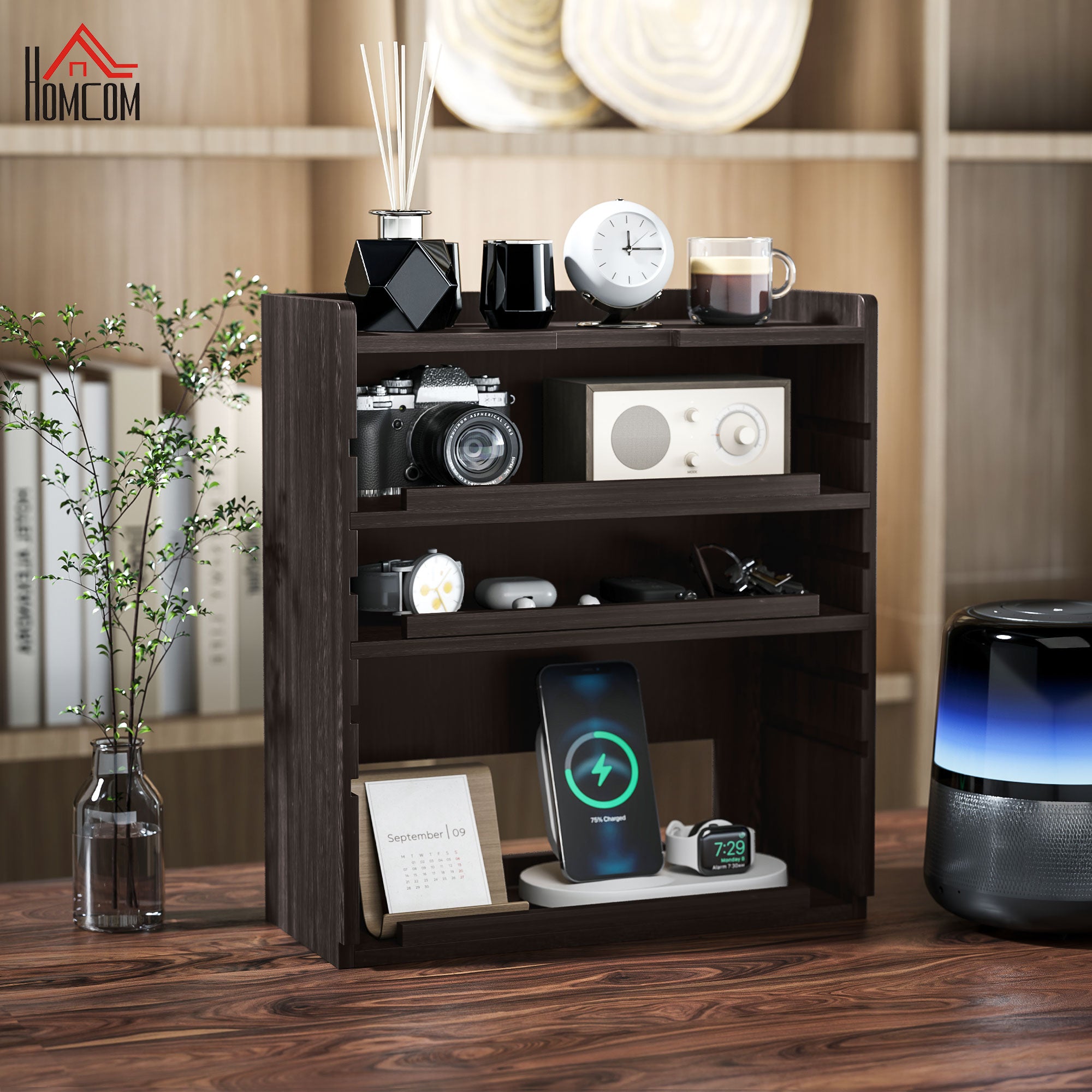 HOMCOM 4-Tier Desk Organiser, Multifunctional Assembled Desktop Organiser with Adjustable Shelves and Cable Management for Stationery, Office Supplies, Paper, Dark Brown