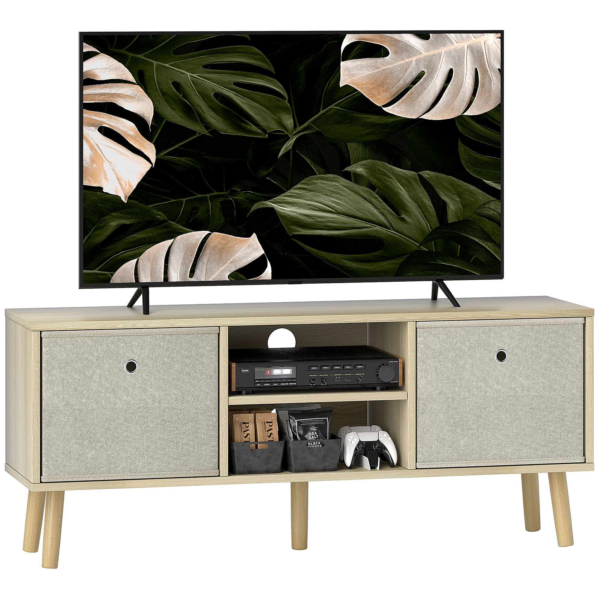 HOMCOM TV Cabinet Stand Unit for TVs up to 50" Flat Screen with Foldable Drawers and Shelves, Entertainment Centre for Living Room, Bedroom Nature Wood Finish