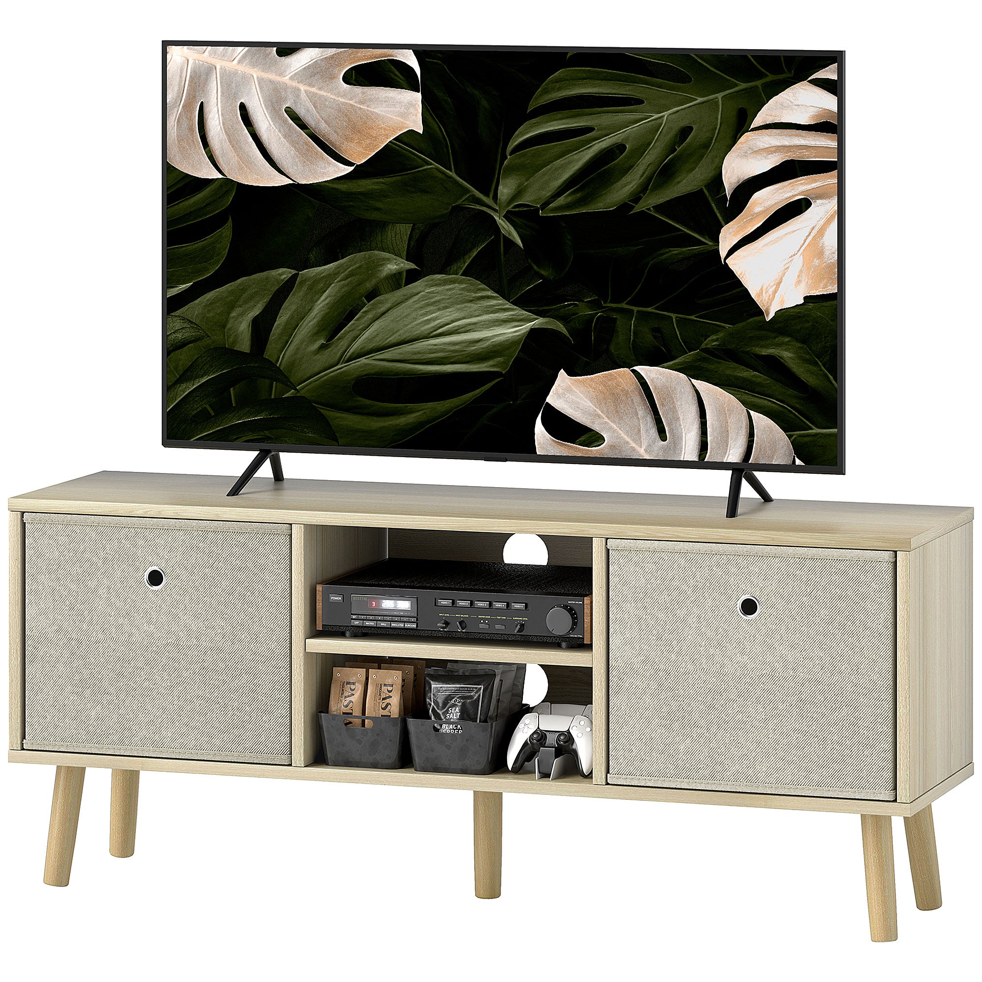 HOMCOM TV Cabinet Stand Unit for TVs up to 50" Flat Screen with Foldable Drawers and Shelves, Entertainment Centre for Living Room, Bedroom Nature Wood Finish