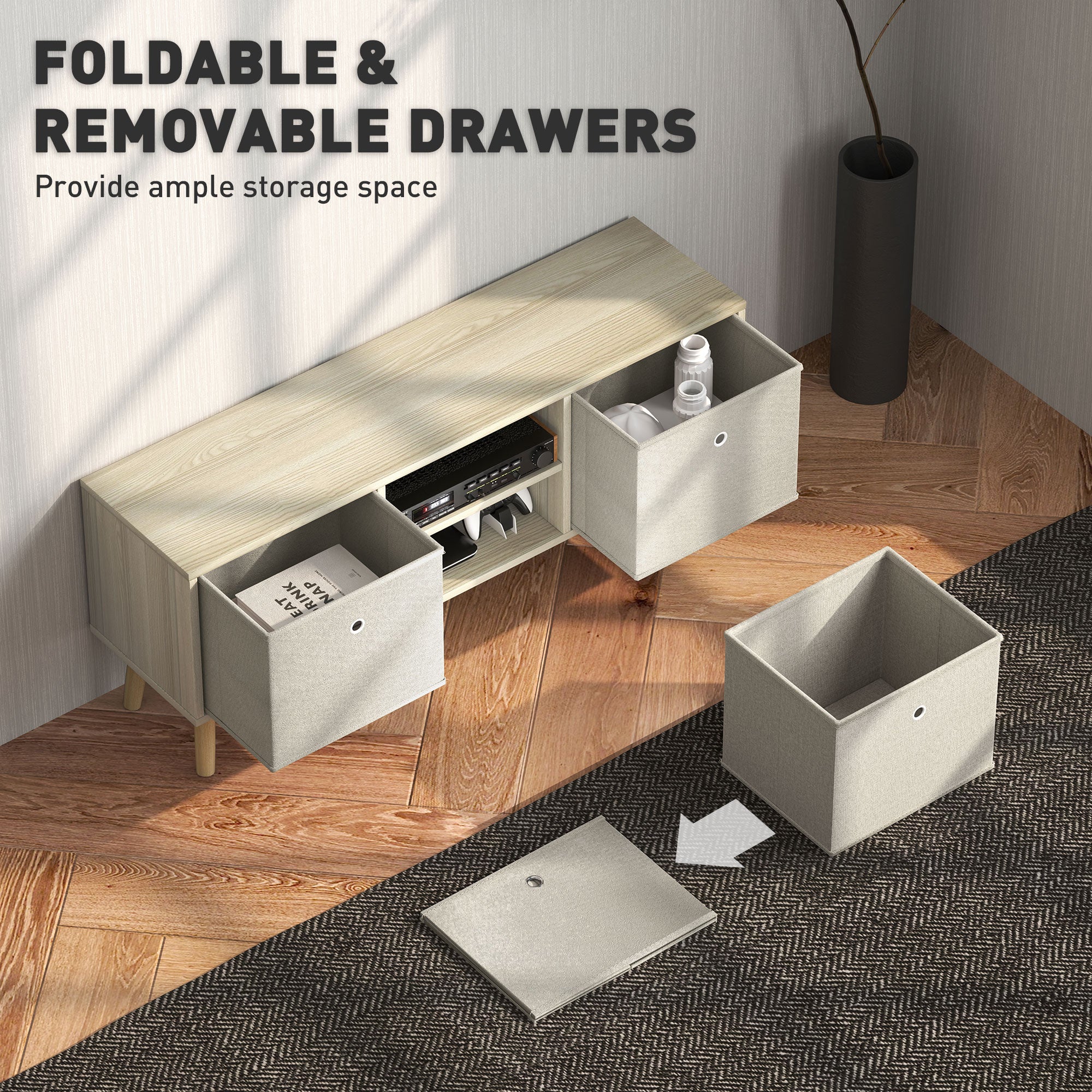 HOMCOM TV Cabinet Stand Unit for TVs up to 50" Flat Screen with Foldable Drawers and Shelves, Entertainment Centre for Living Room, Bedroom Nature Wood Finish