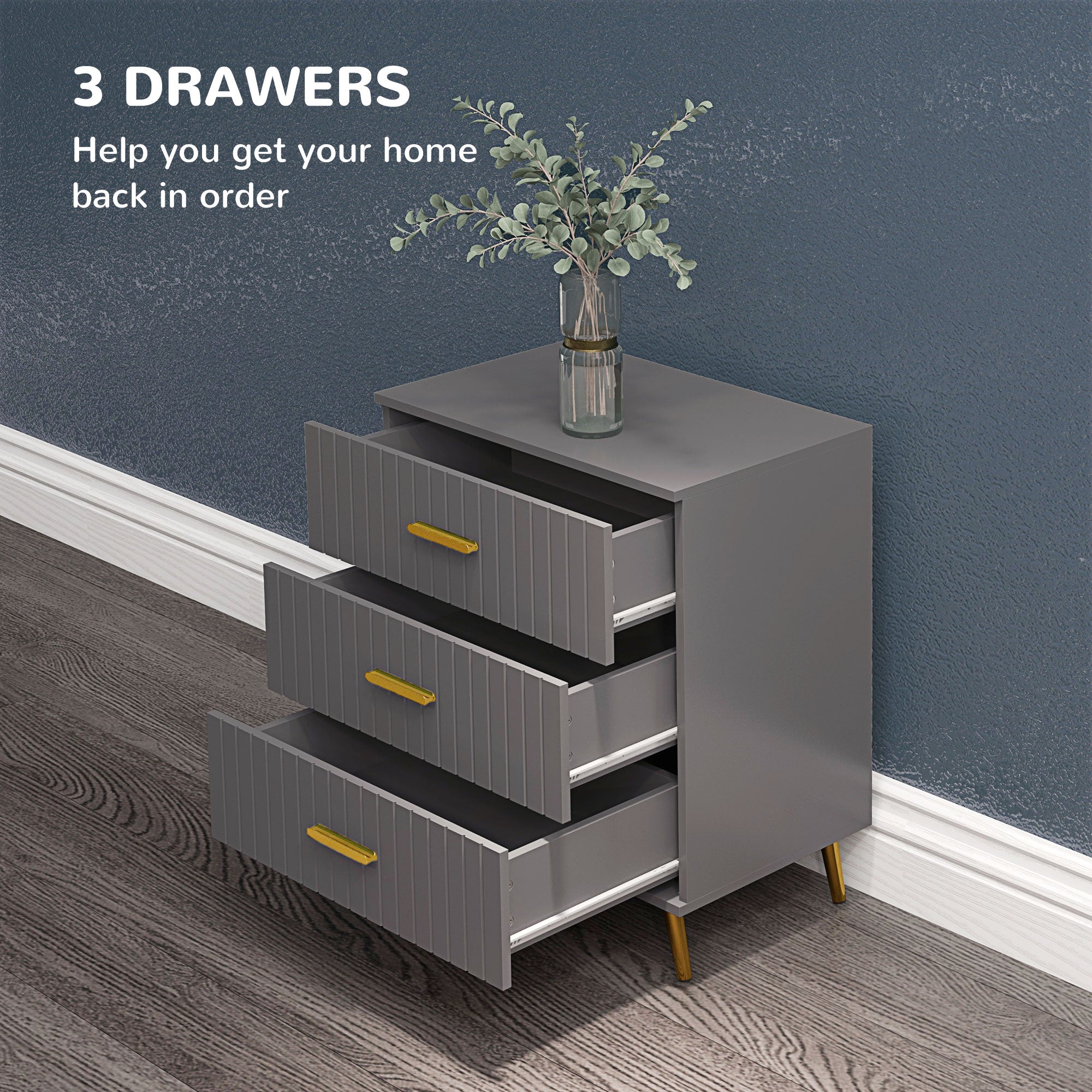 HOMCOM Bedroom Chest of Drawers, Modern 3-Drawer Dresser, Storage Drawer Unit with Aluminium Legs, Dark Grey