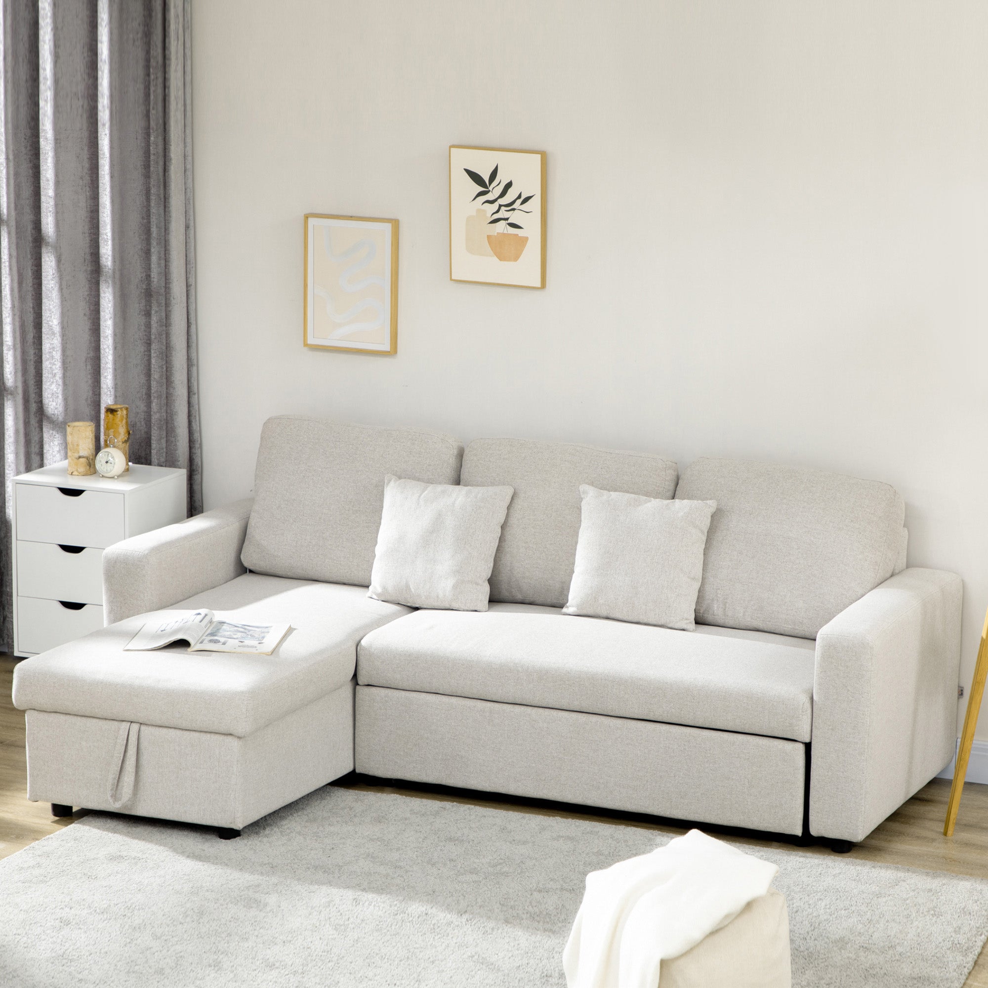 L-Shaped Sectional Sofa Bed, Reversible Sofa w/ Pull Out Couch Bed & Storage, Cream White