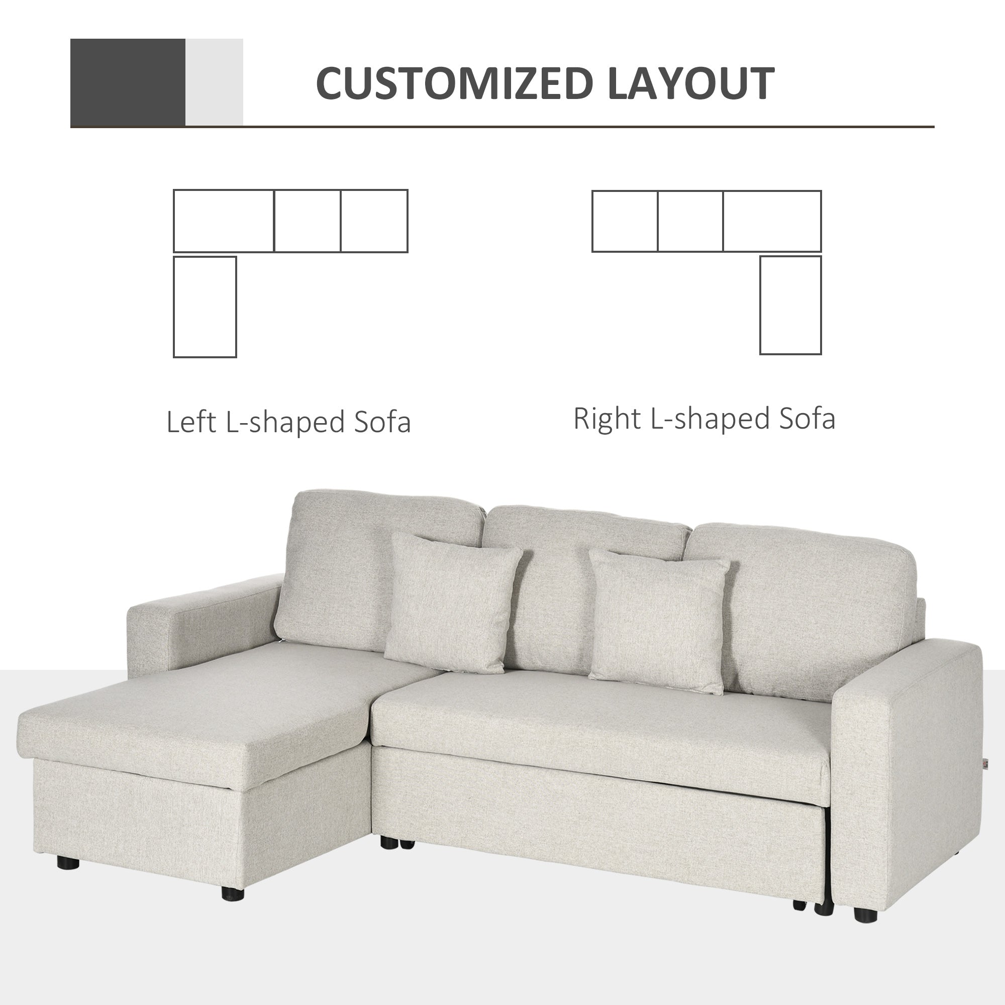 L-Shaped Sectional Sofa Bed, Reversible Sofa w/ Pull Out Couch Bed & Storage, Cream White