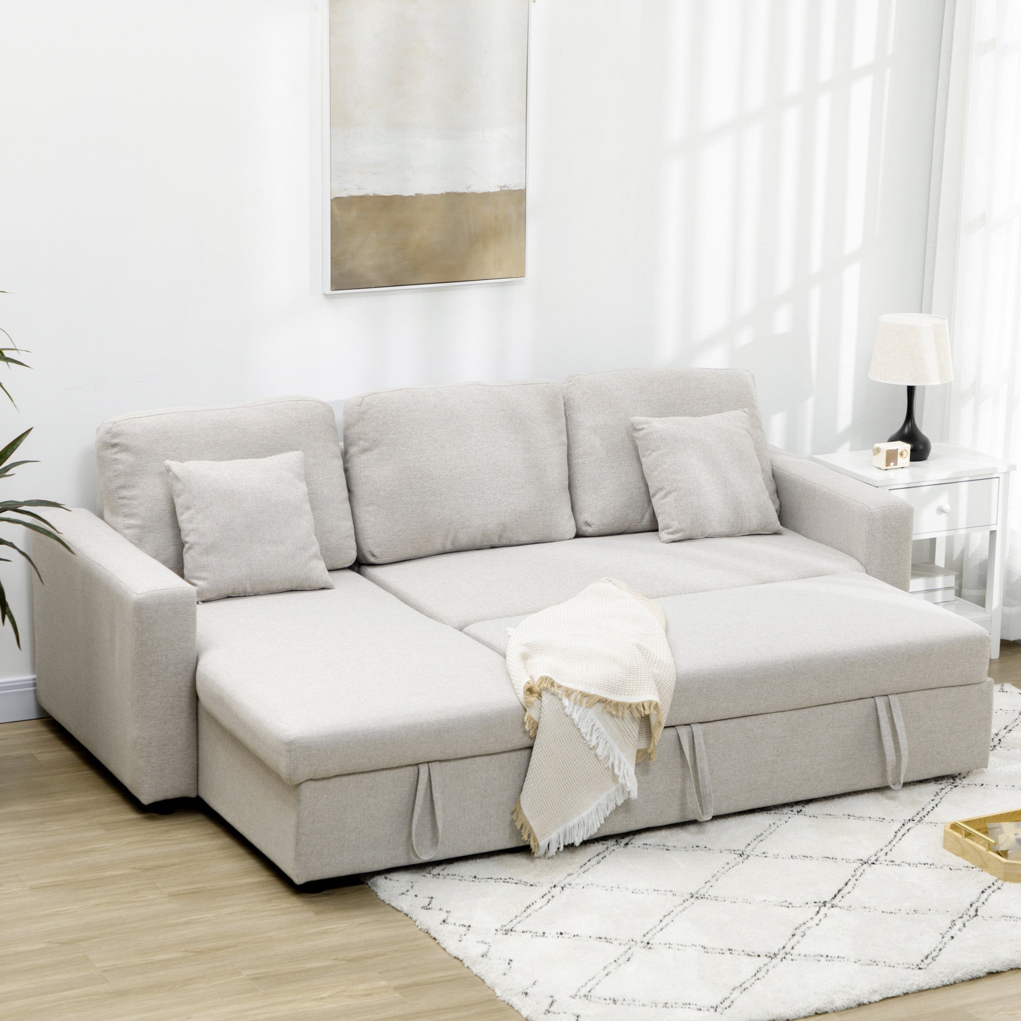 L-Shaped Sectional Sofa Bed, Reversible Sofa w/ Pull Out Couch Bed & Storage, Cream White