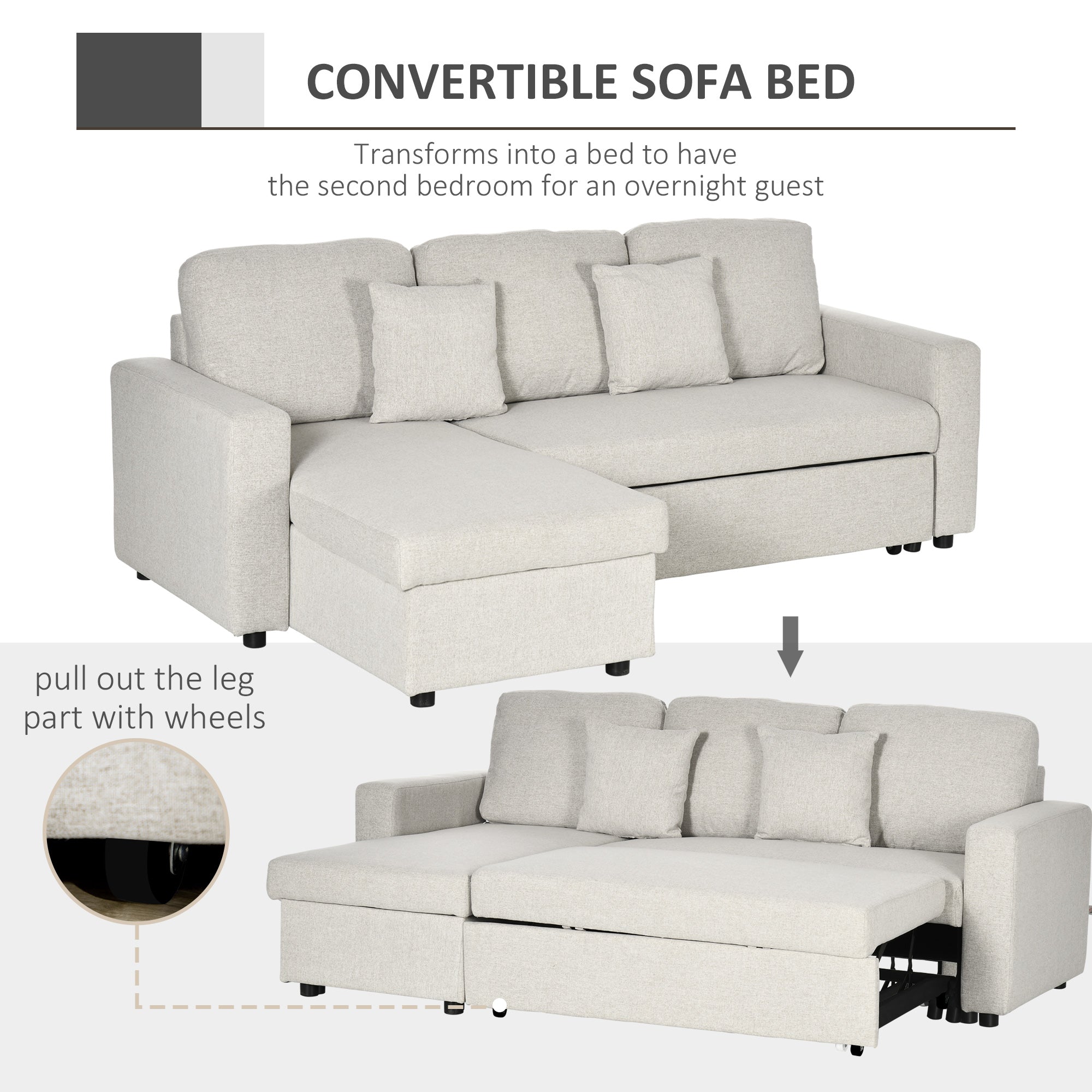 L-Shaped Sectional Sofa Bed, Reversible Sofa w/ Pull Out Couch Bed & Storage, Cream White