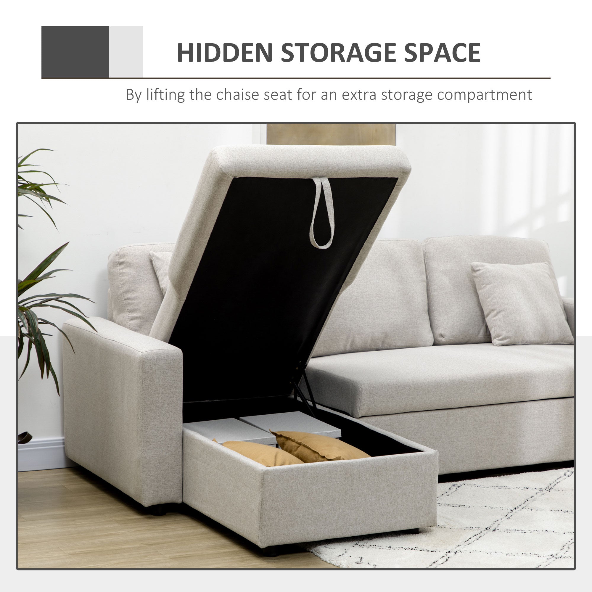 L-Shaped Sectional Sofa Bed, Reversible Sofa w/ Pull Out Couch Bed & Storage, Cream White