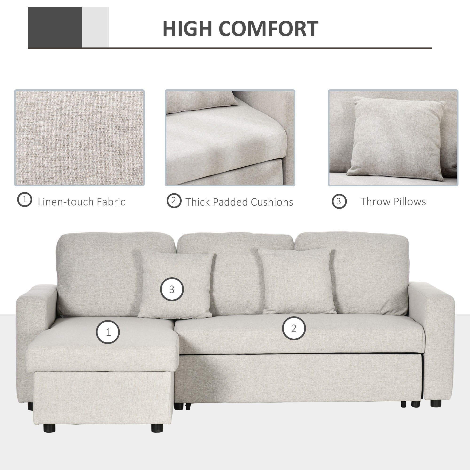 L-Shaped Sectional Sofa Bed, Reversible Sofa w/ Pull Out Couch Bed & Storage, Cream White