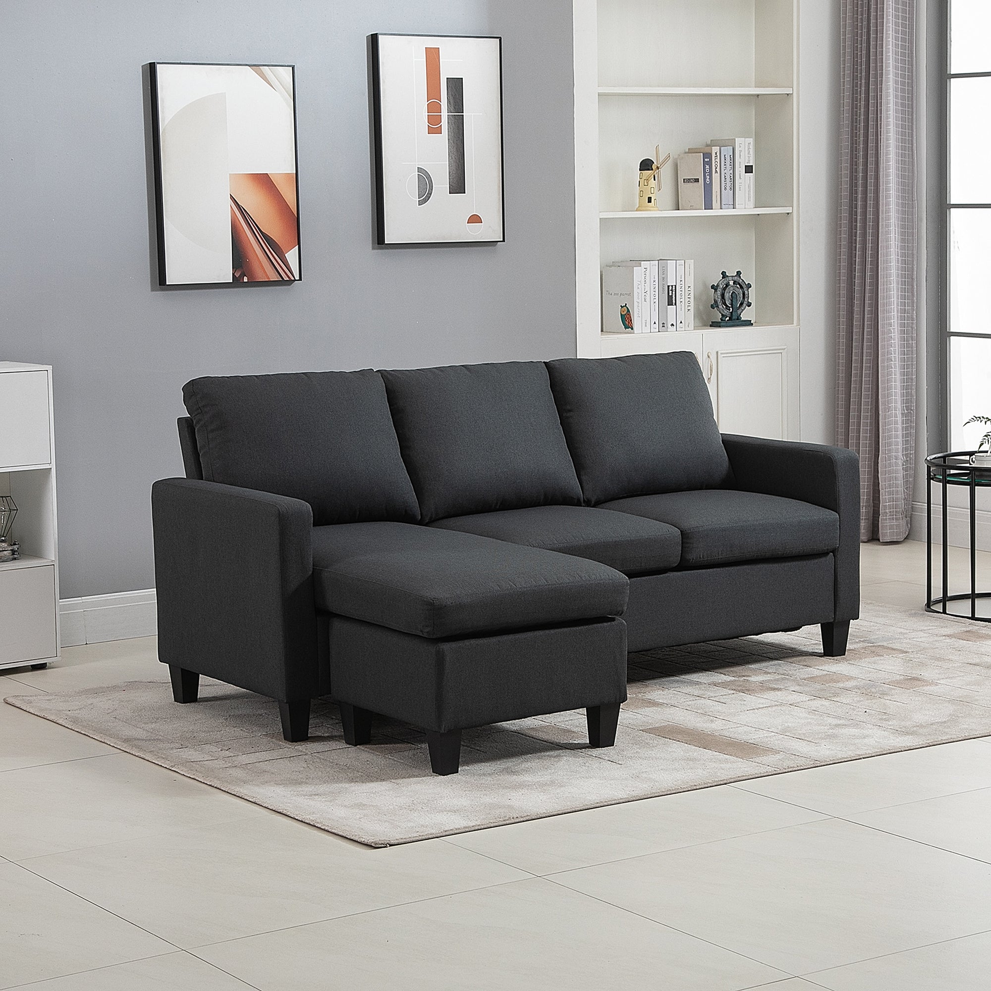 HOMCOM Sectional Sofa, L Shape Couch with Ottoman, Modern Sectional Couch for Living Room, Dark Grey