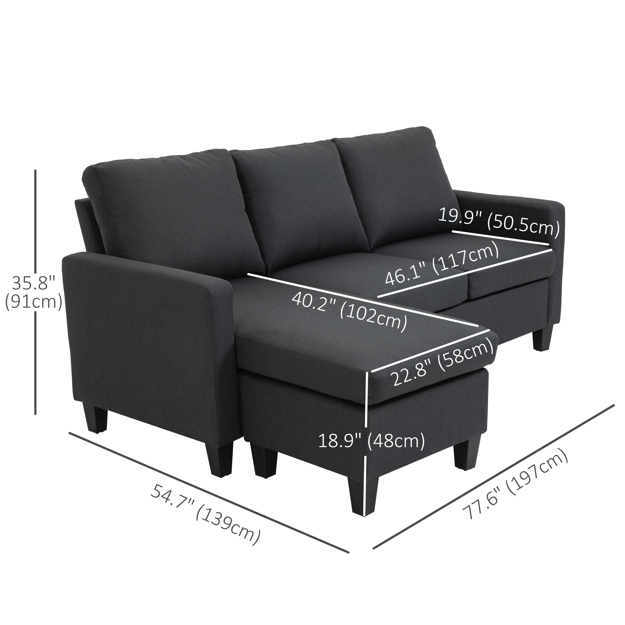 HOMCOM Sectional Sofa, L Shape Couch with Ottoman, Modern Sectional Couch for Living Room, Dark Grey