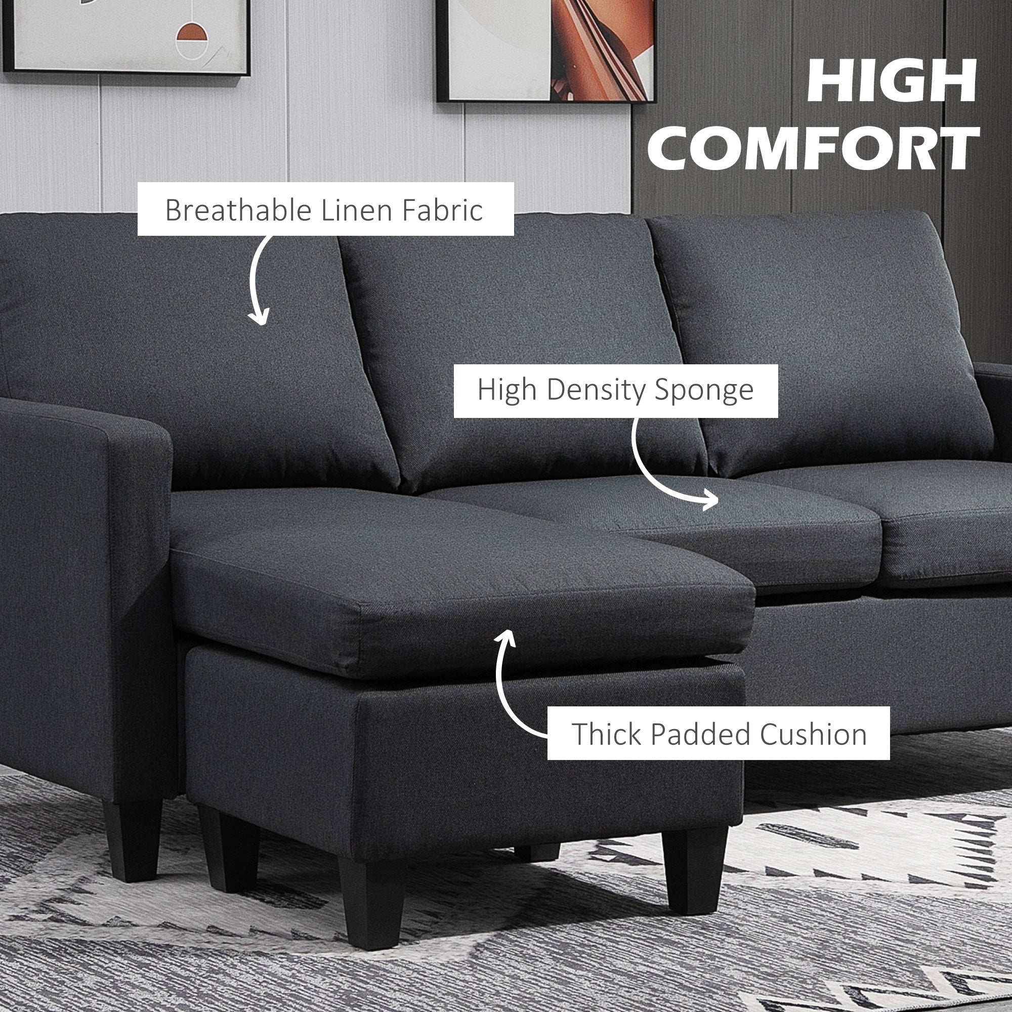 HOMCOM Sectional Sofa, L Shape Couch with Ottoman, Modern Sectional Couch for Living Room, Dark Grey