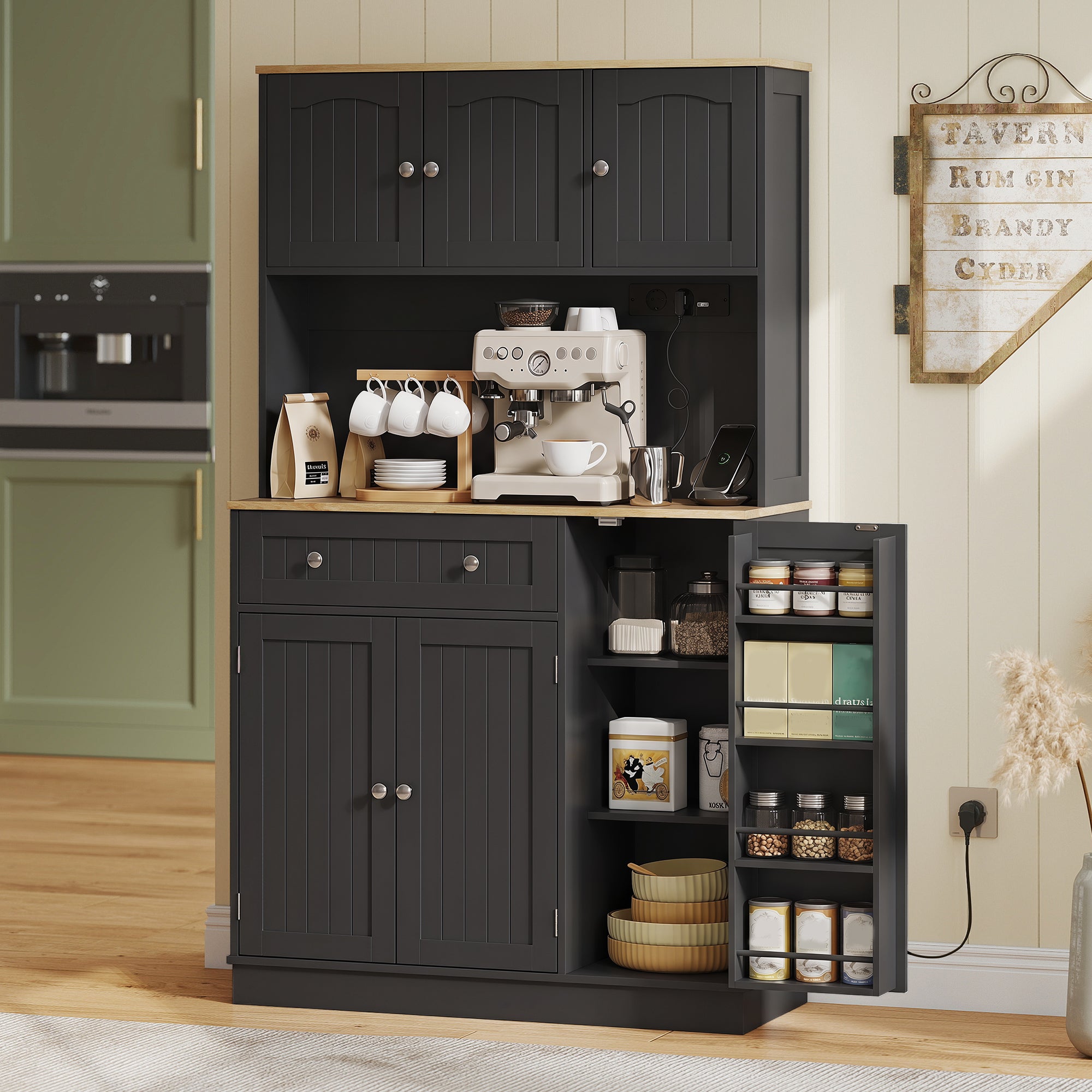 173 cm Tall Kitchen Cupboard with Charging Station, Pantry Storage Cabinet with Microwave Stand, Adjustable Shelves, 4 Door Racks, Farmhouse Kitchen Cabinet for Dining Room, Black