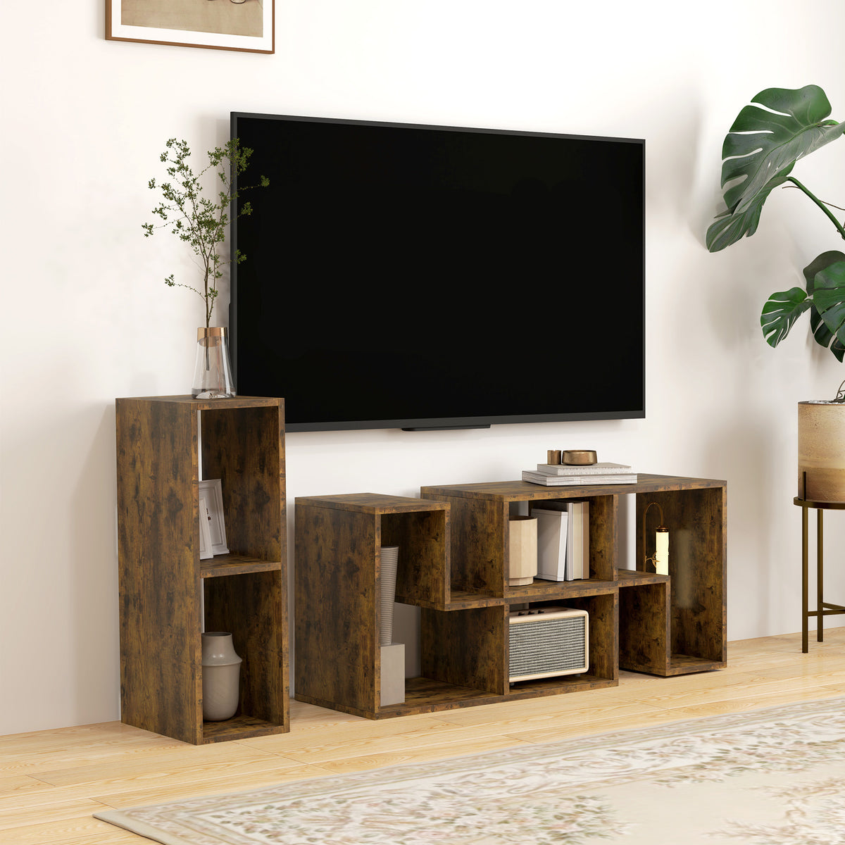 TV Stand for TVs up to 75", 3-Piece Modular TV Console, Industrial Entertainment Center with Open Storage Shelves for Living Room, Rustic Brown