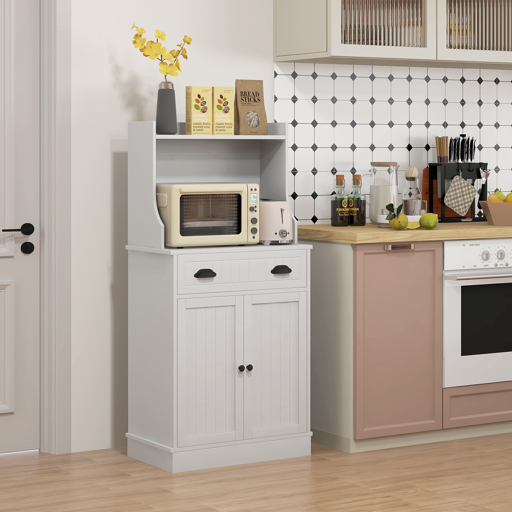 Kitchen Microwave Cabinet with Drawer, Cabinet & Adjustable Shelf for Dining, White