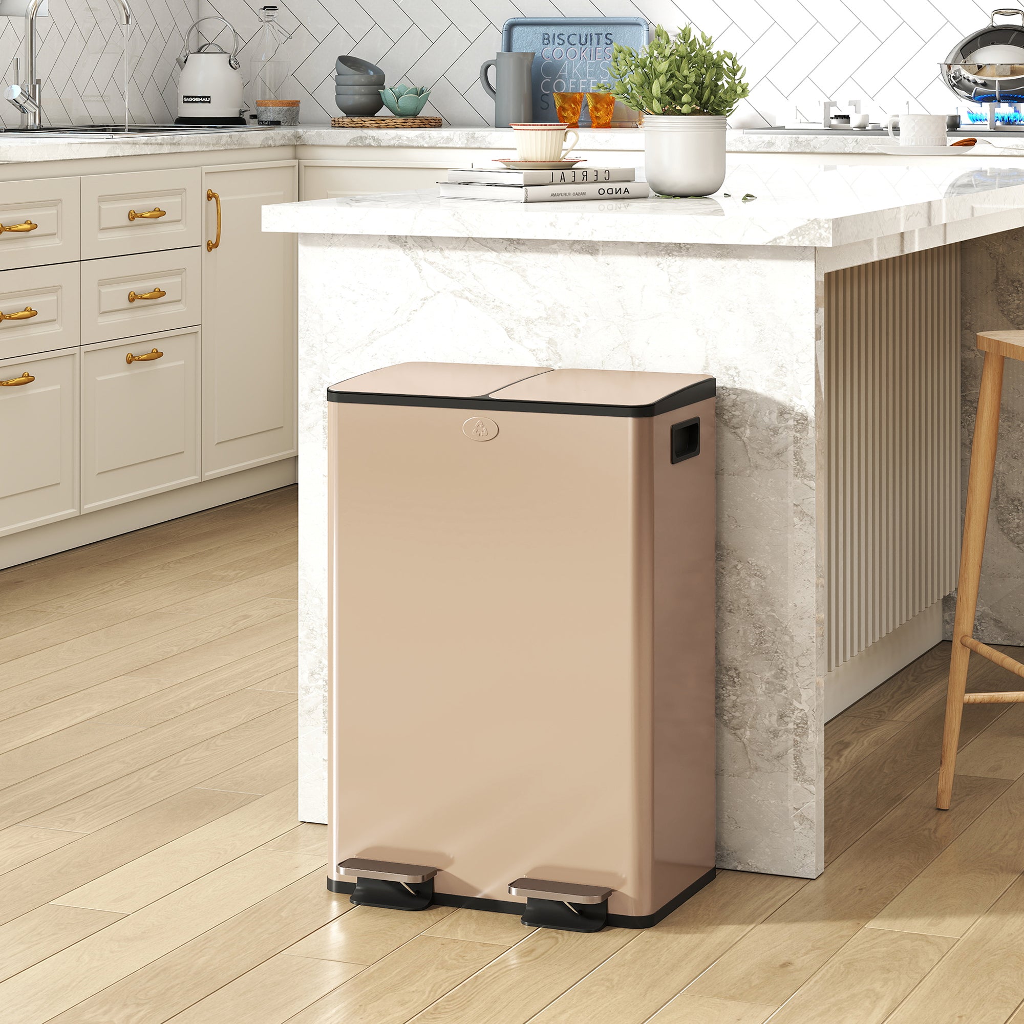 Dual Kitchen Bin, 2 x 28L Stainless Steel Double Rubbish Bin with Soft Close Lid, Removable Inner Buckets, Fingerprint-Proof for Recycling and Waste, Gold Tone