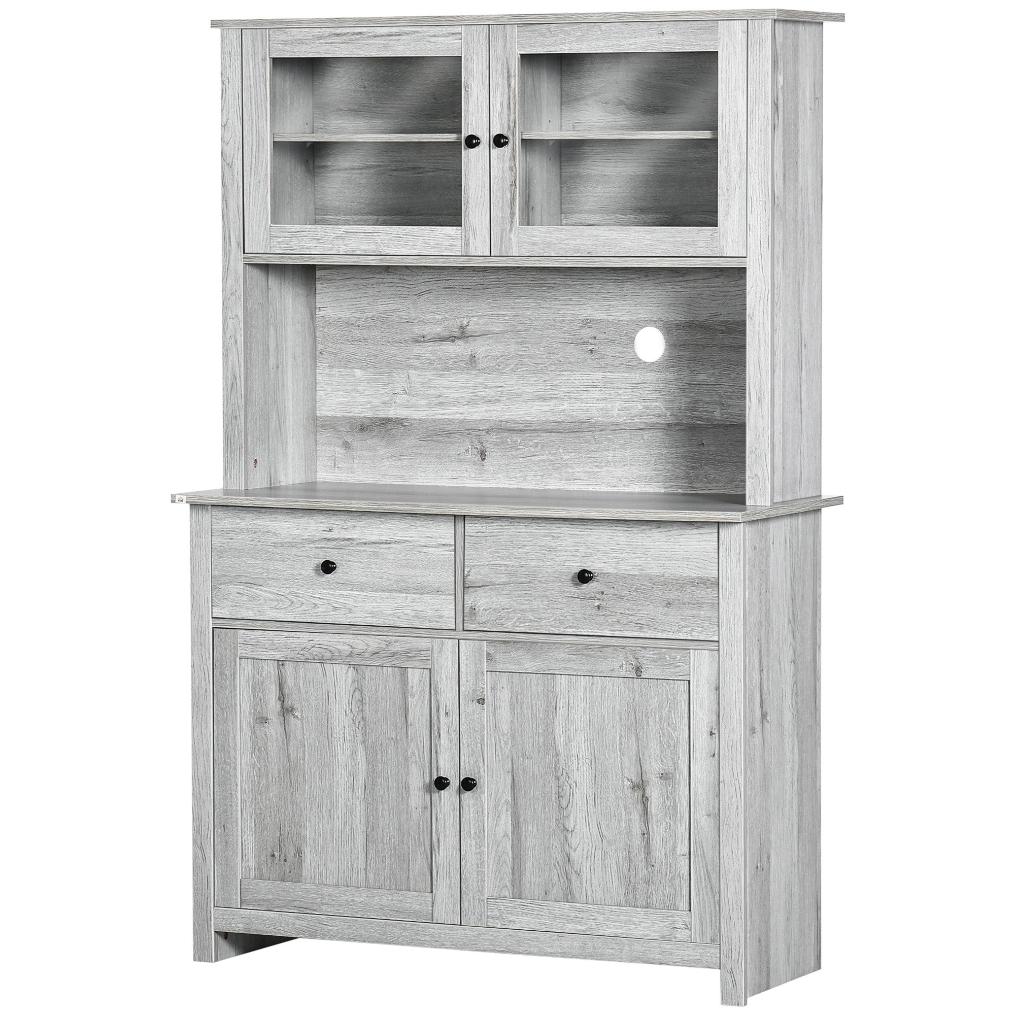 63.5" Kitchen Buffet with 4 Shelves, Drawers, Glass Doors & Open Countertop, Ash Grey