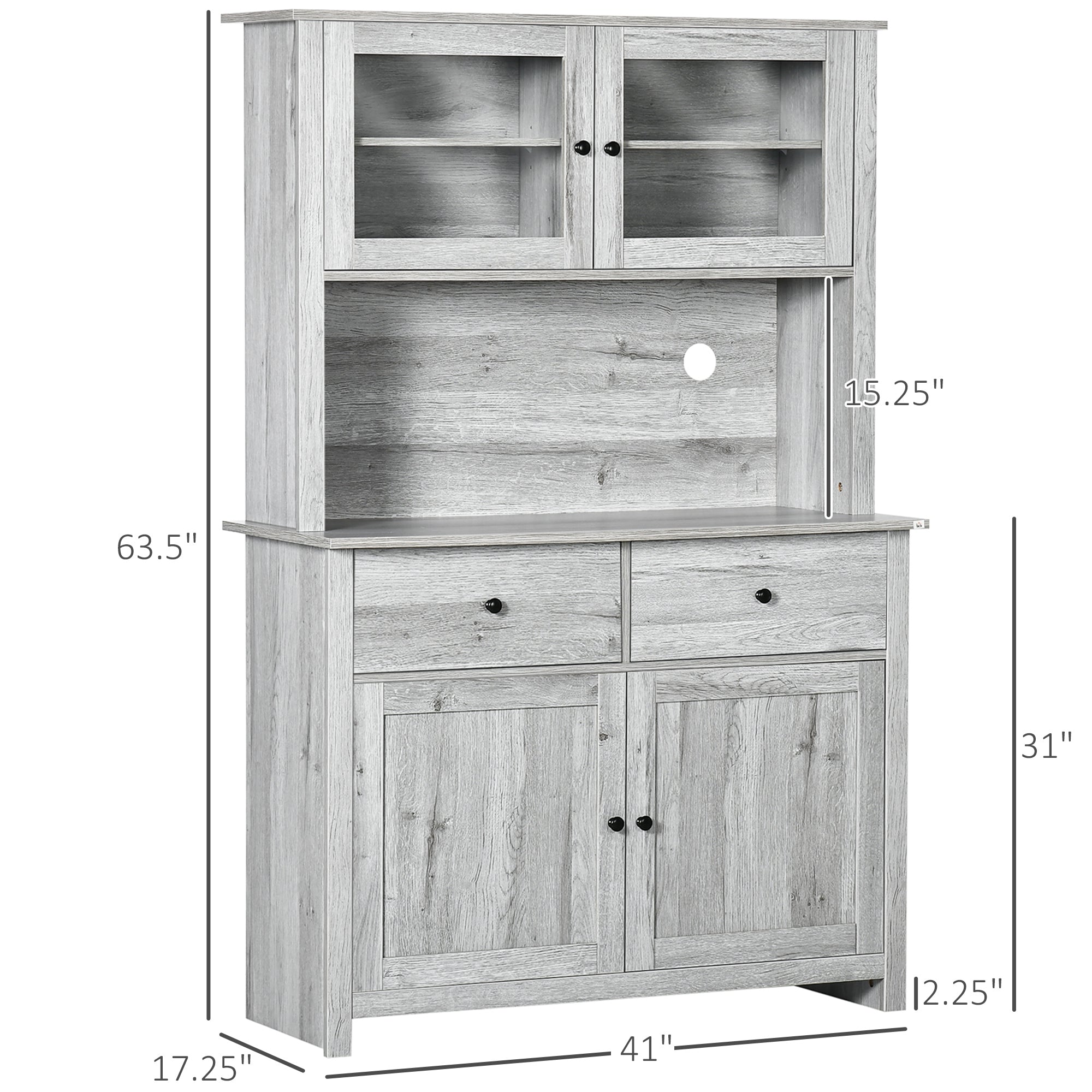63.5" Kitchen Buffet with 4 Shelves, Drawers, Glass Doors & Open Countertop, Ash Grey
