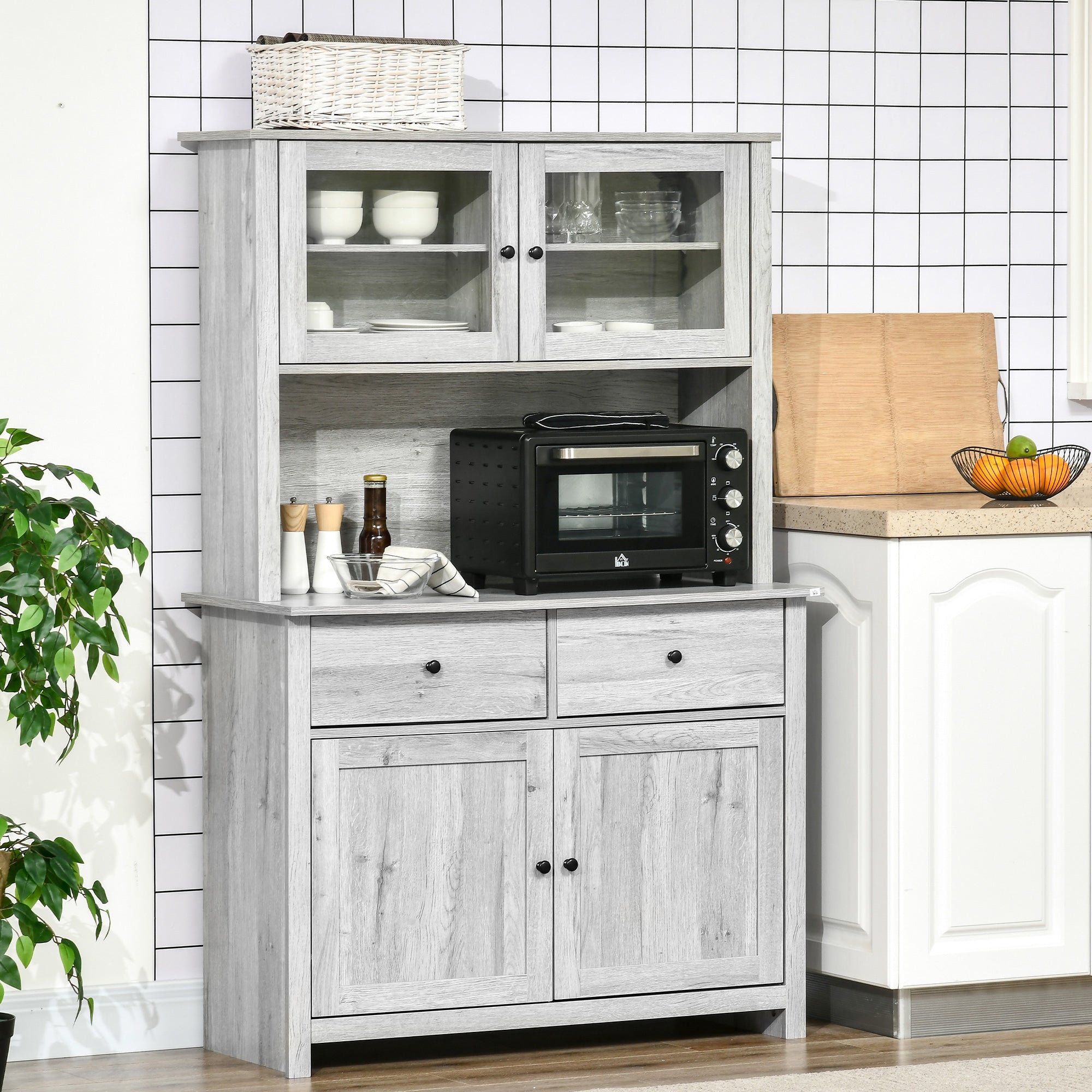 63.5" Kitchen Buffet with 4 Shelves, Drawers, Glass Doors & Open Countertop, Ash Grey