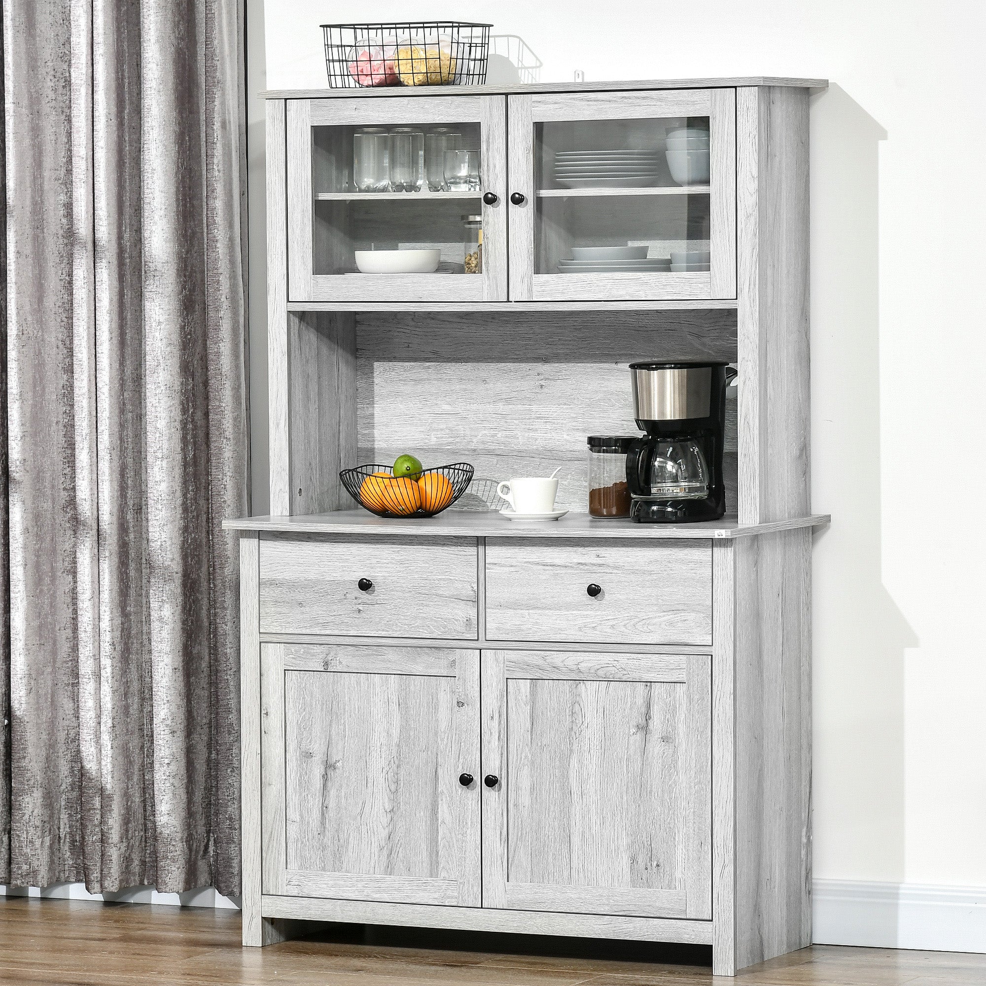 63.5" Kitchen Buffet with 4 Shelves, Drawers, Glass Doors & Open Countertop, Ash Grey
