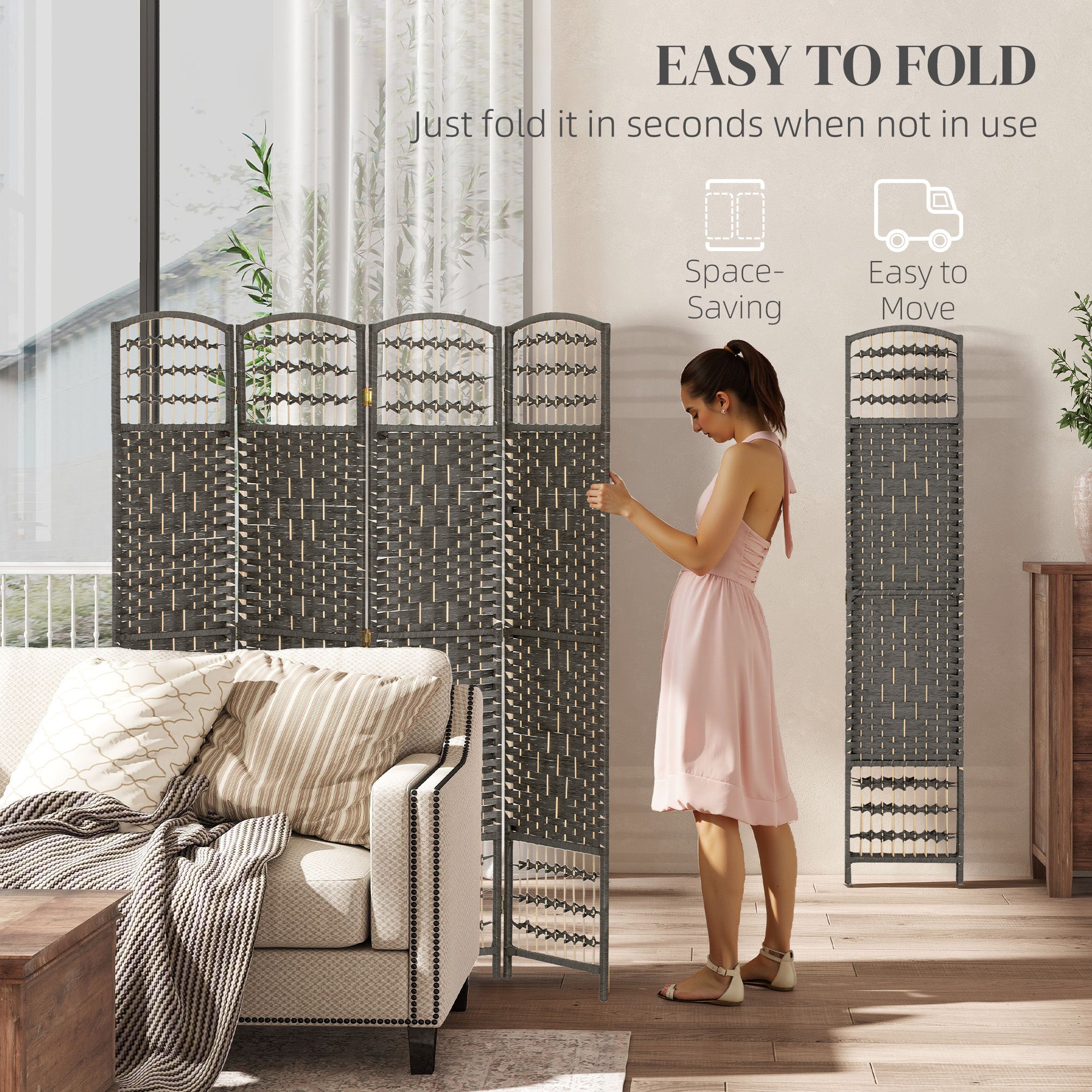 4 Panel Folding Room Divider, Privacy Screen, Freestanding Paravent Partition Separator for Living Room and Office, 160 x 170cm, Dark Grey