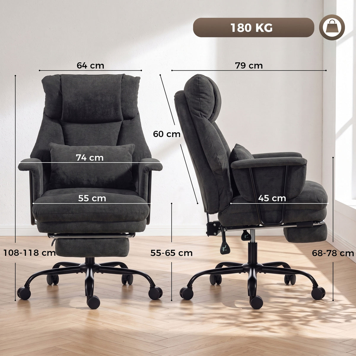 Office Chair, 180kg Heavy Duty Linen Computer Desk Chair with Lumbar Support, Wide Seat, Spring Cushion, Reclining Backrest, Footrest, Swivel Wheels, Black