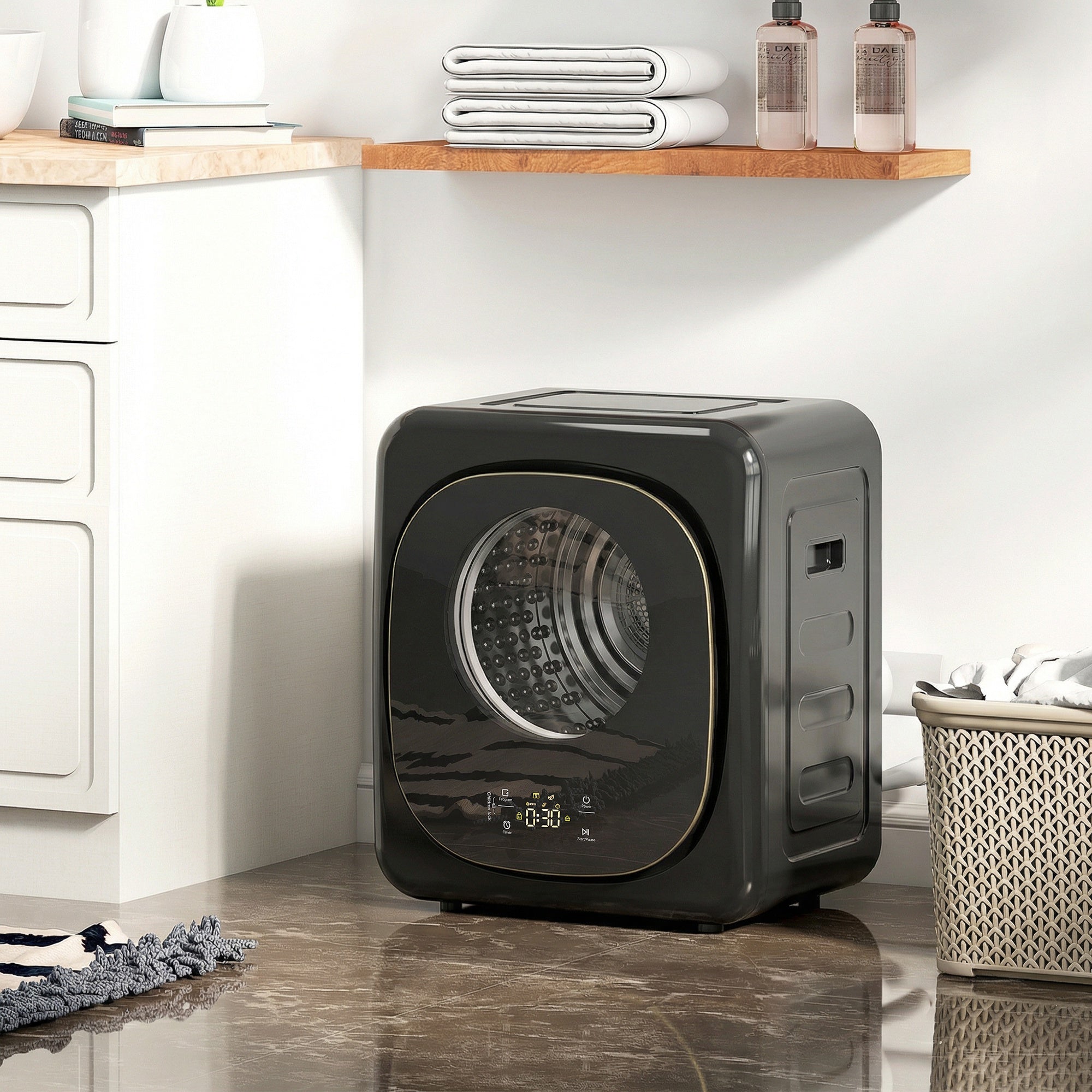 4kg Vented Tumble Dryer, 800W Compact Freestanding Front Tumble Dryer with 5 Drying Mode, Smart Sensor, Timer and Stainless Steel Tub, Wall-Mounted Portable Small Clothes Drying Machine, Black