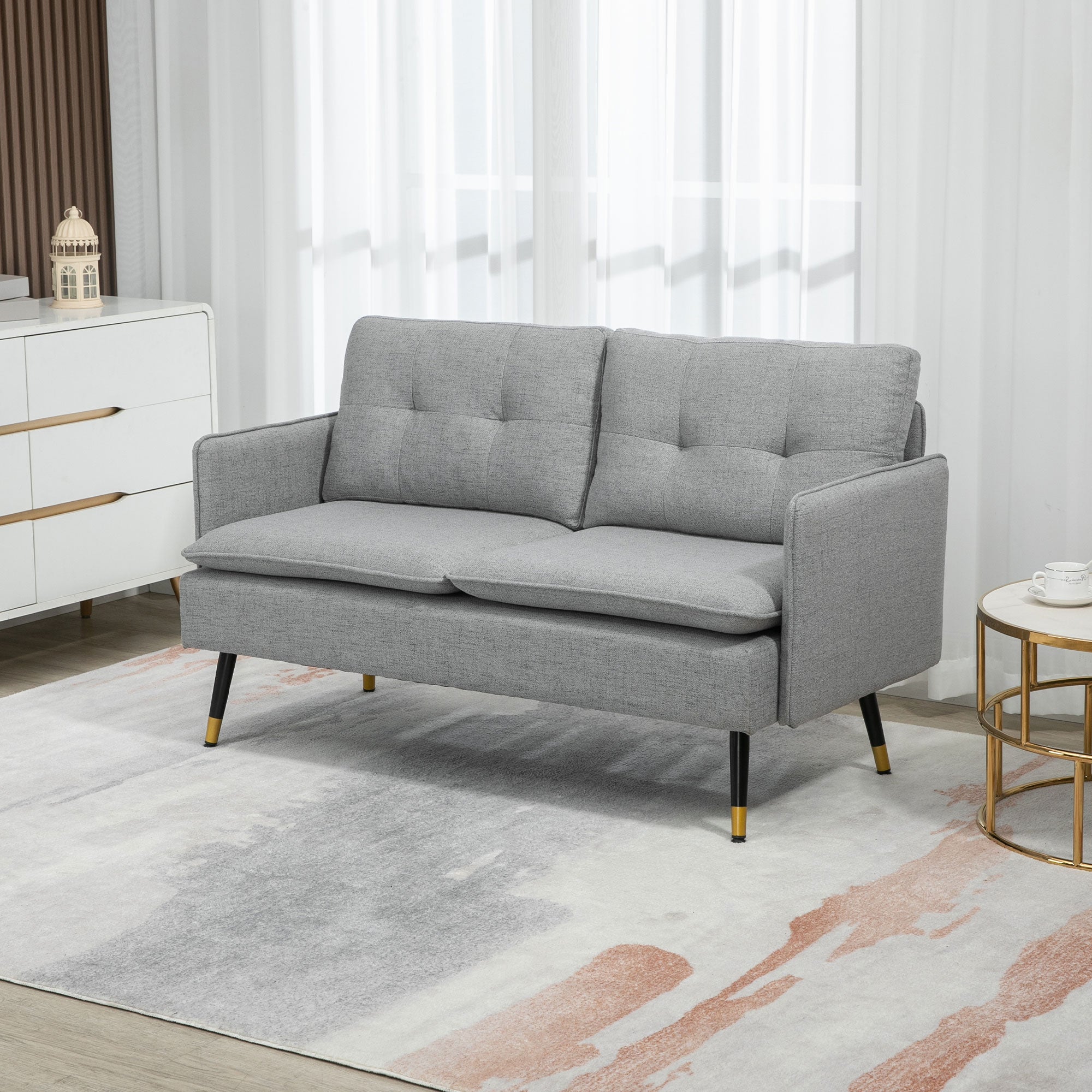 HOMCOM Modern Two Seater Sofa, Button Tufted Loveseat with Cushions and Steel Legs for Living Room, Guest Room, Grey