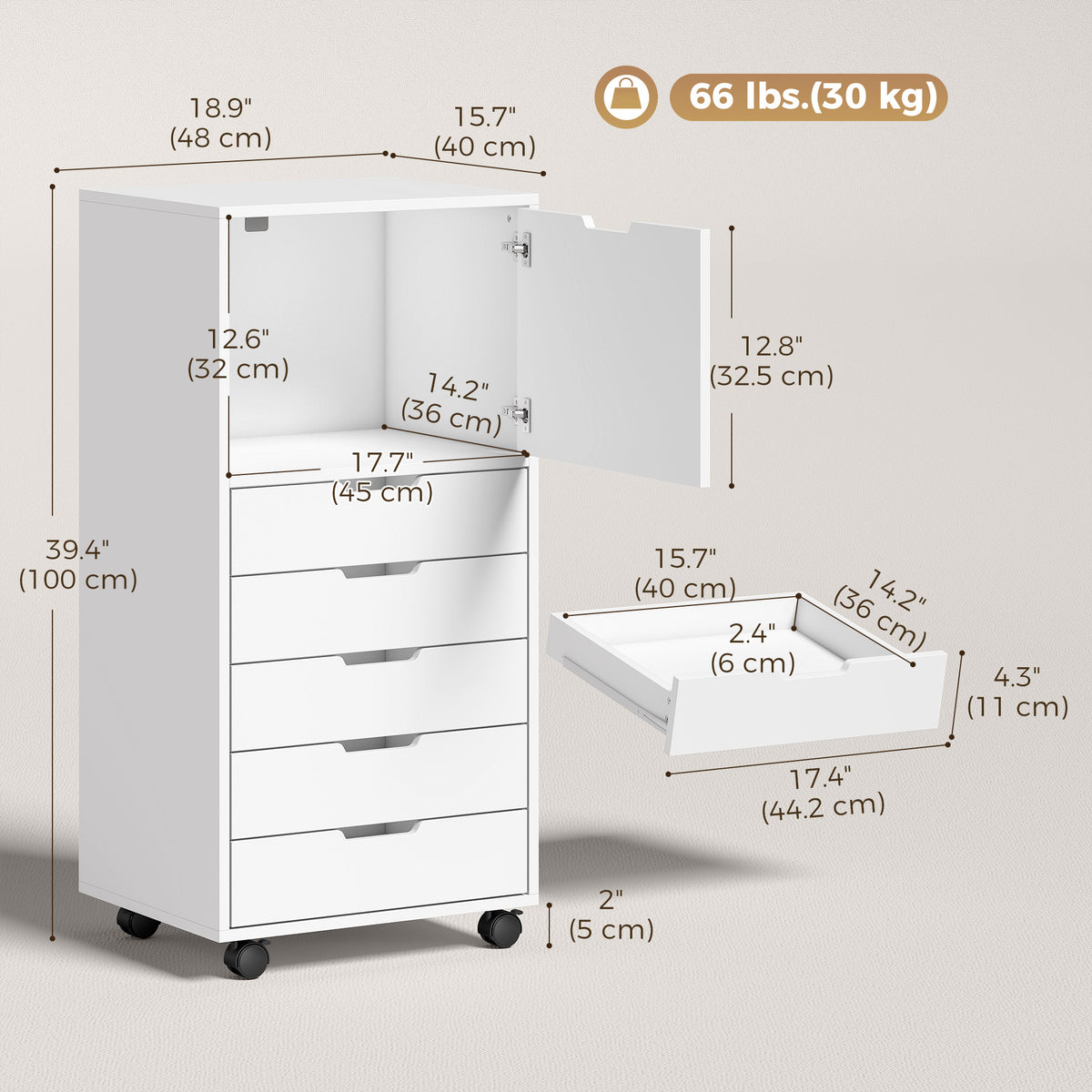 5 Drawer Vertical File Cabinet with Lockable Wheels and Soft-Close Cabinet, Mobile Filing Cabinet for Home Office, Rolling Printer Stand for A4 Letter-Size Documents, White