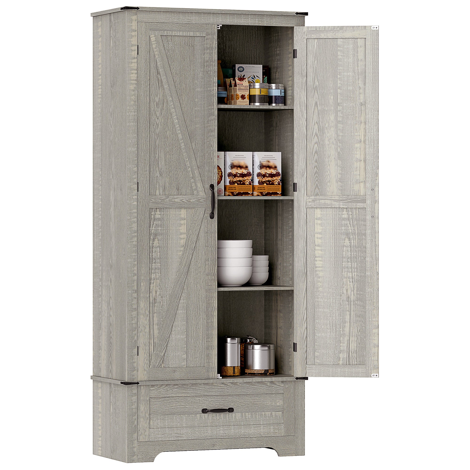 HOMCOM 72" Tall Farmhouse Kitchen Pantry Cabinet - Kitchen Storage Cabinet with Adjustable Shelves & 2 Barn Doors & Drawer, Versatile Storage Unit for Dining Room, Distressed Light Gray